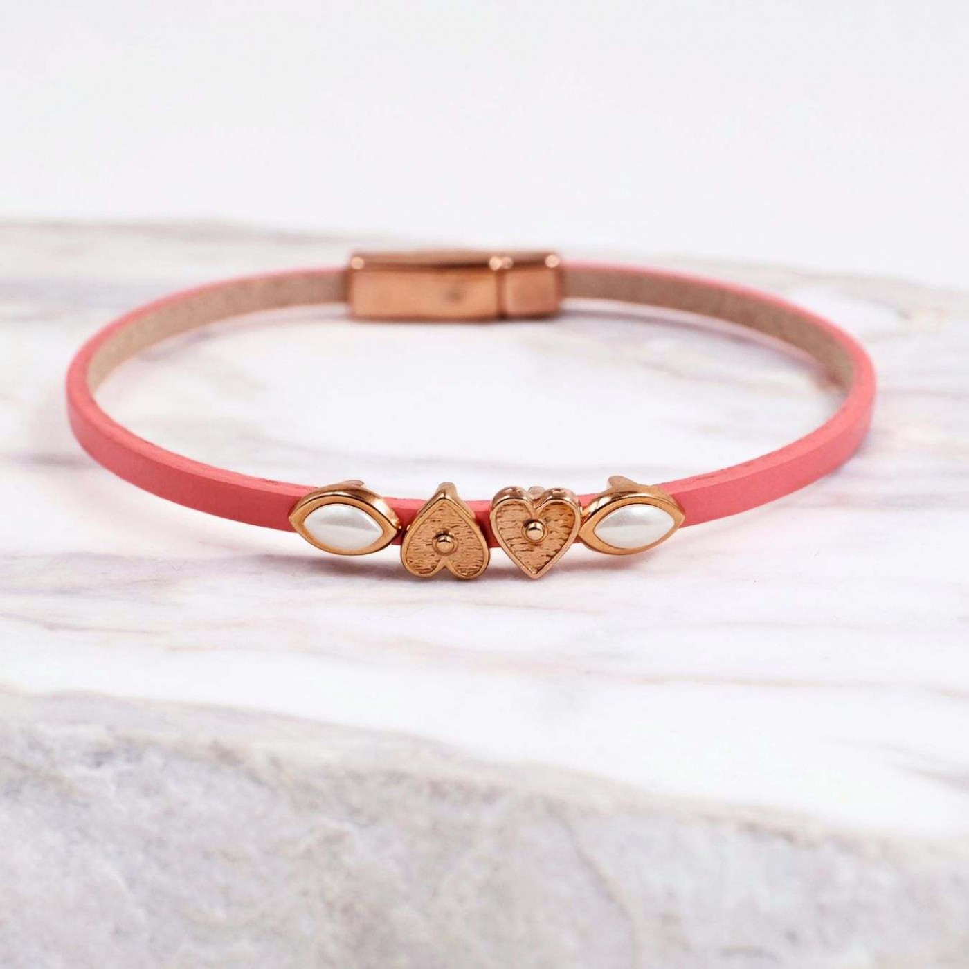 Metal Heart & Pearls Leather Bracelet | Coral — Bracelets from Toolittle — additional view 3