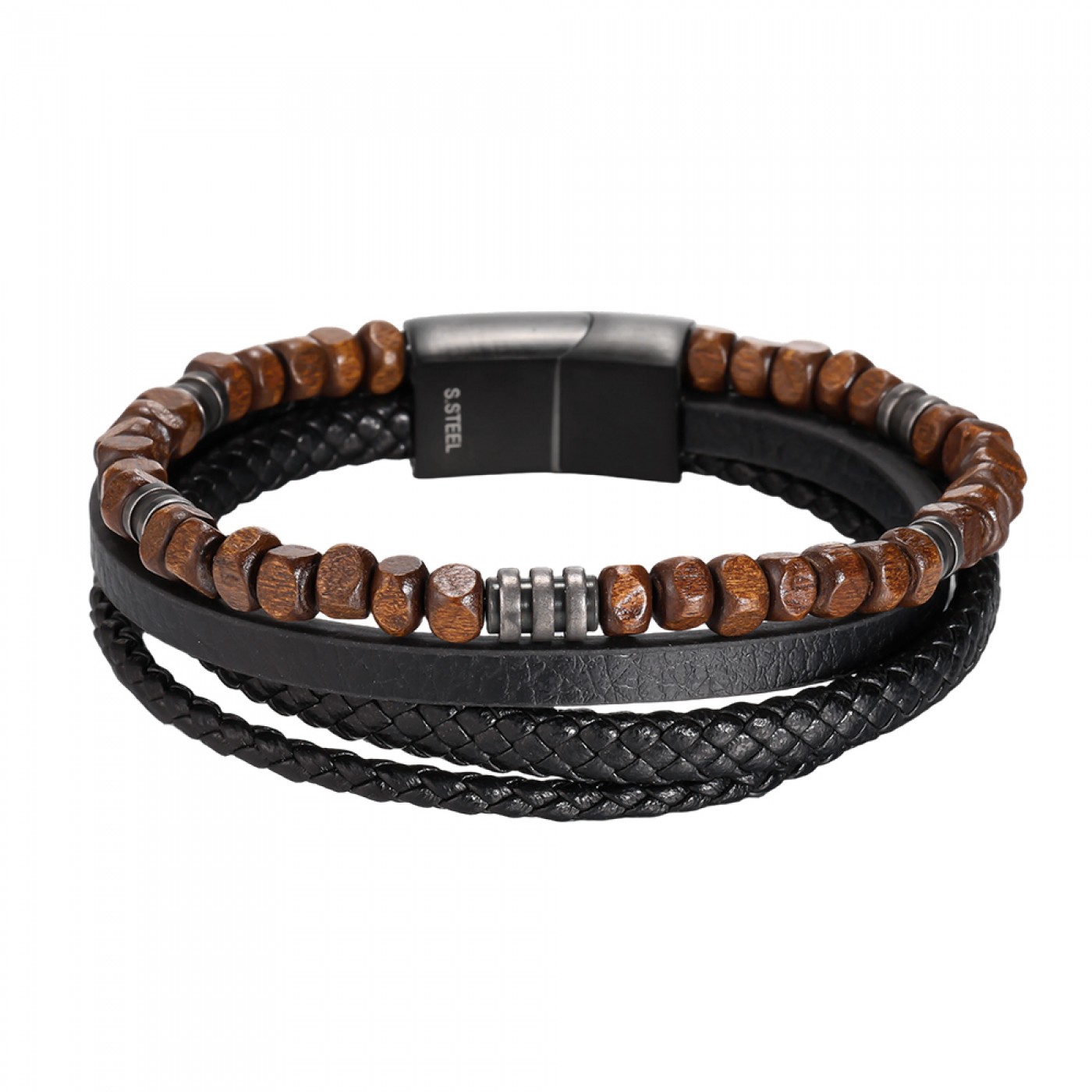 Men's Bracelet | Stainless Steel & Wooden Stones
