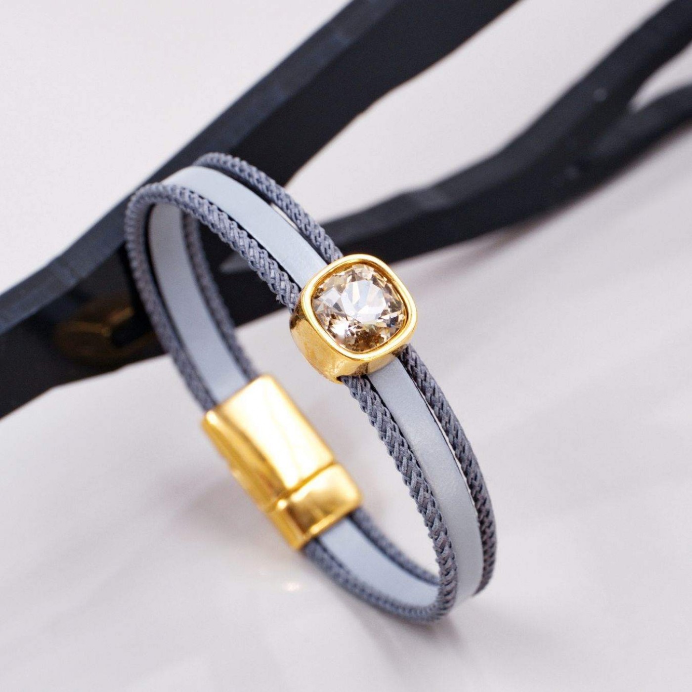Grey Crystal Leather Bracelet