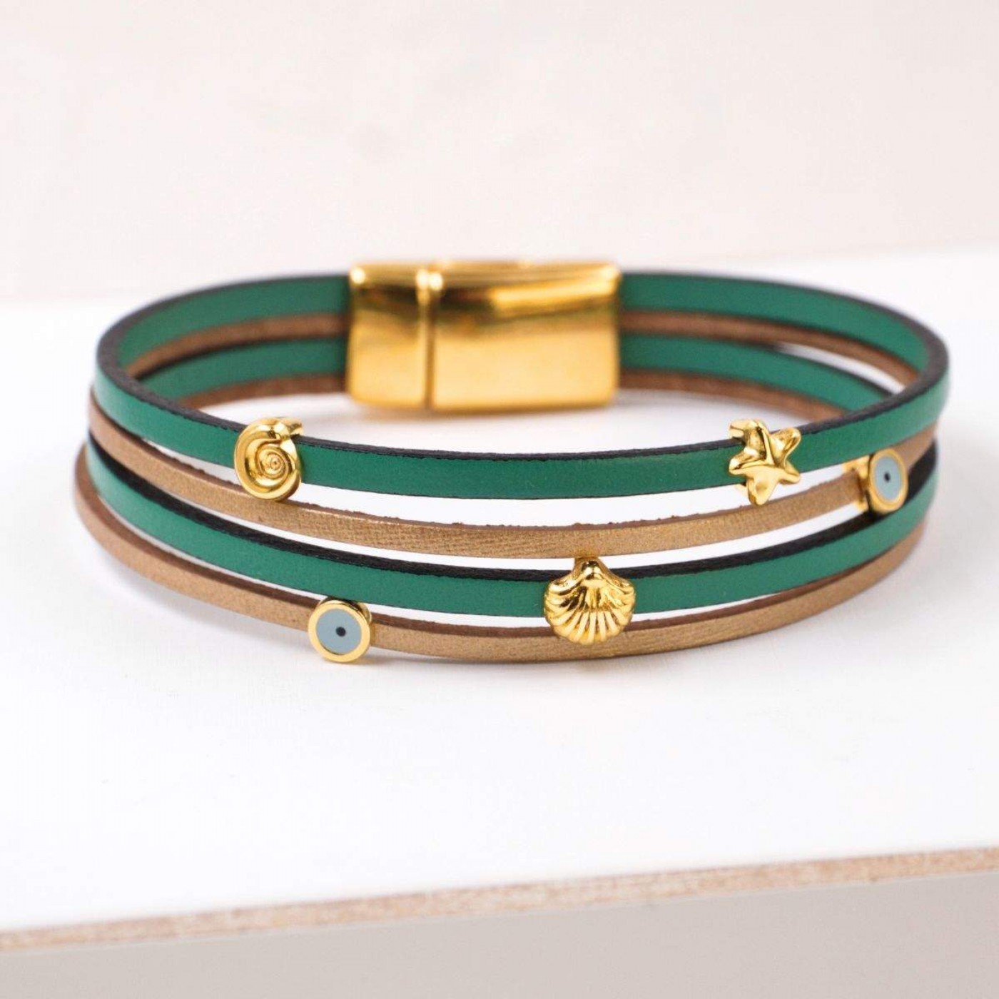 Leather Bracelet with Sea Parts & Evil Eye | Green