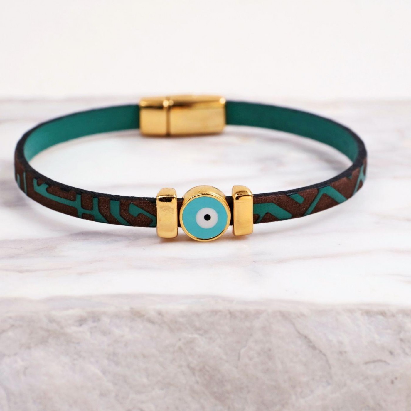 Women's Evil Eye Bracelet | Engraved Leather - Green — Bracelets from Toolittle — additional view 3