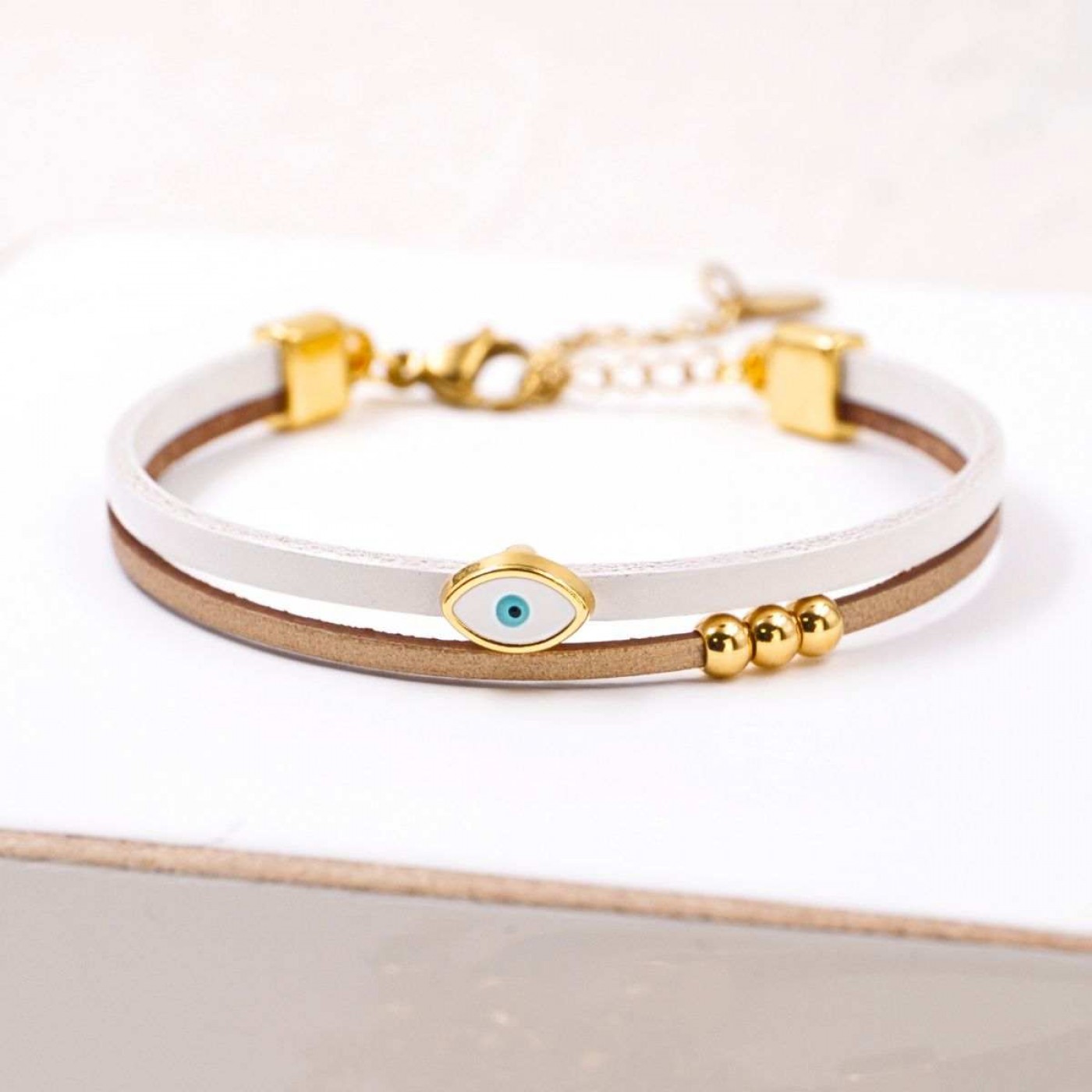 Handcrafted Leather Bracelet with Gold-Plated Enamel Evil Eye — Bracelets from Toolittle — additional view 2