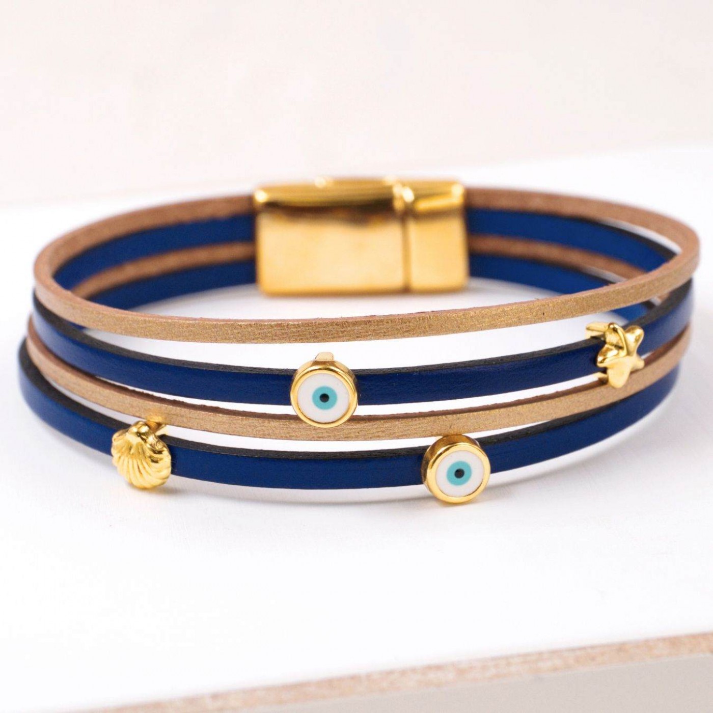 Leather Bracelet with Sea Parts & Evil Eye | Blue — Bracelets from Toolittle — additional view 2