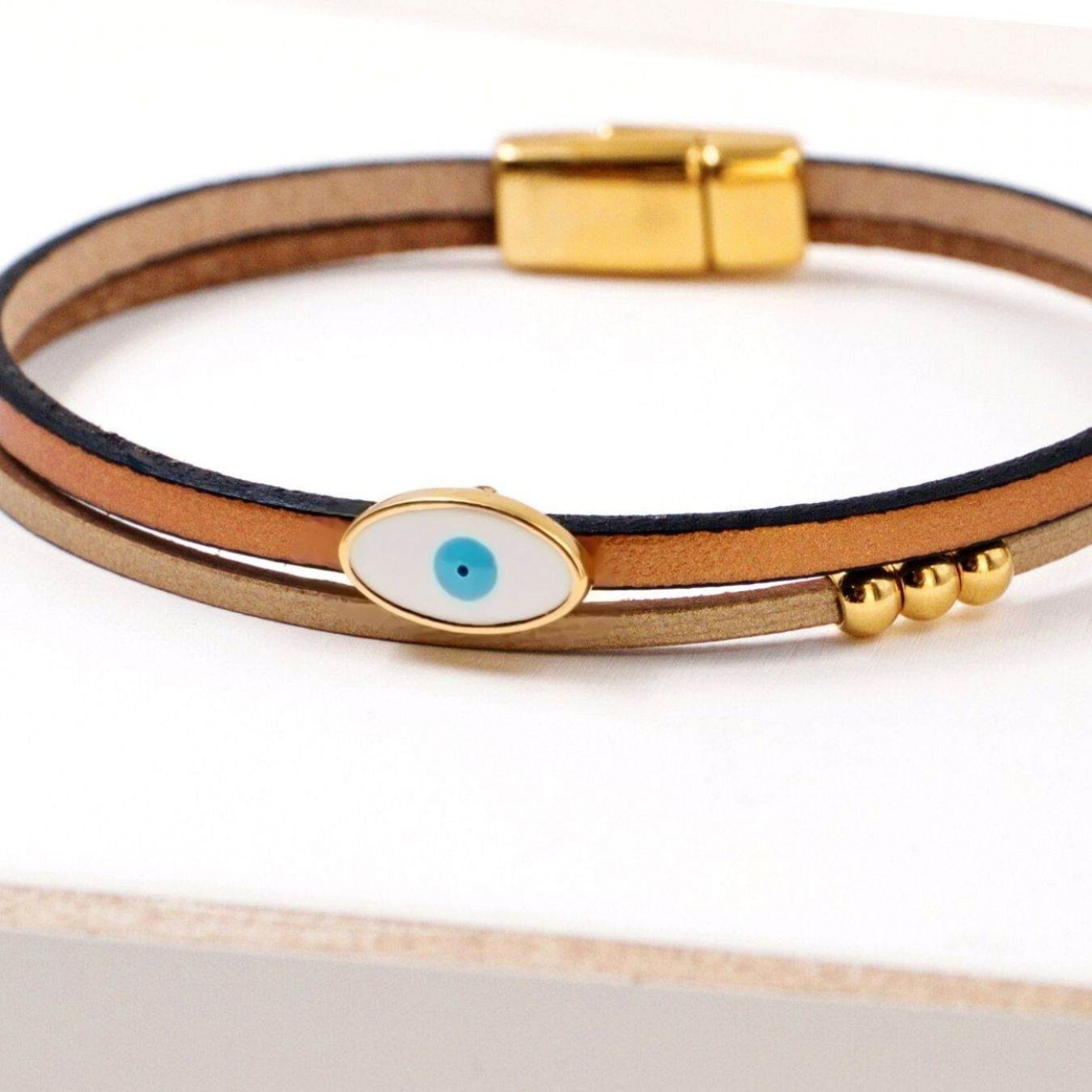 Evil Eye Handcrafted Leather Bracelet with Magnetic Clasp | Brown — Bracelets from Toolittle — additional view 3