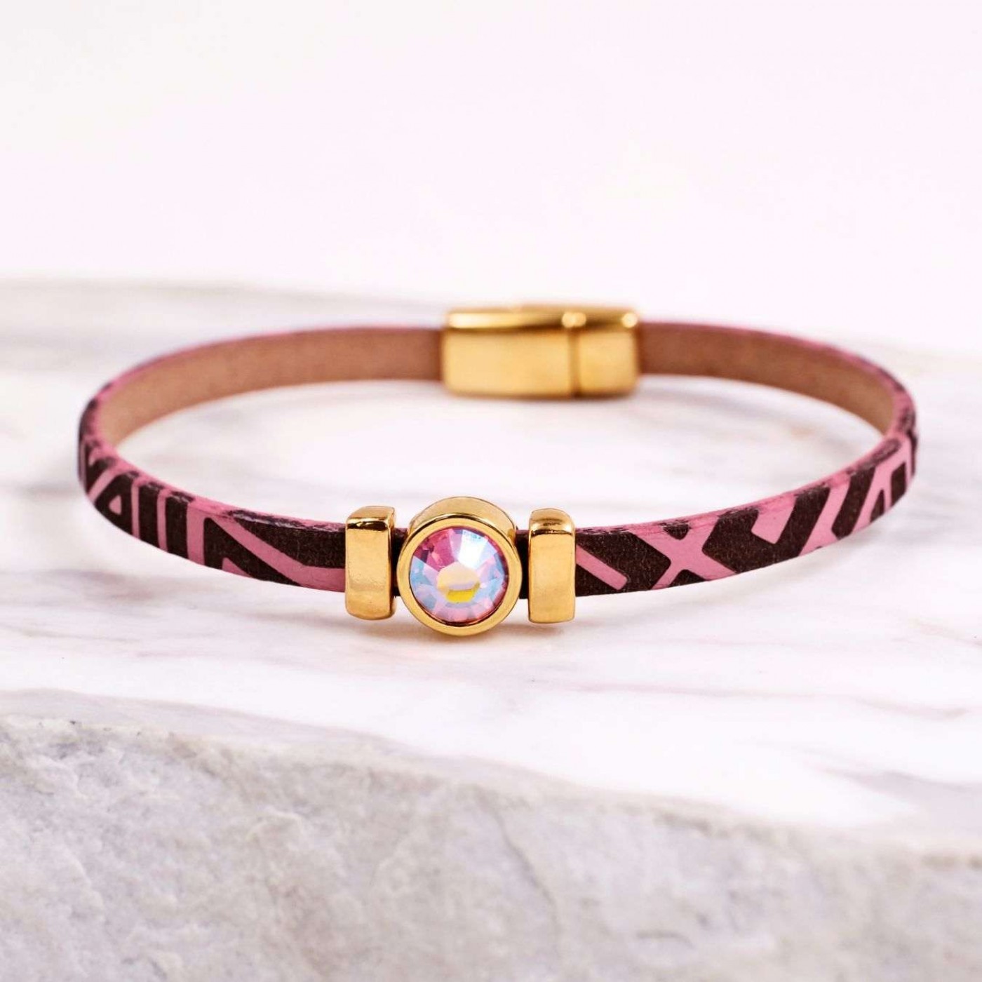 Swarovski Crystal Bracelet | Engraved Leather - Pink — Bracelets from Toolittle — additional view 4