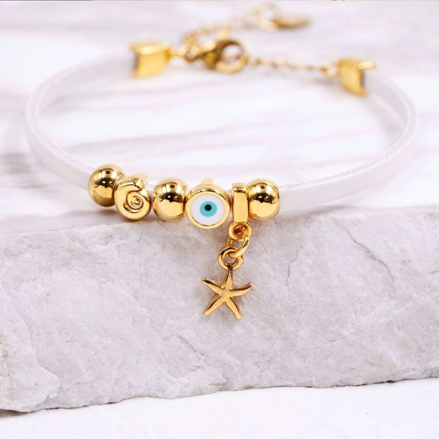 Leather Bracelet | Evil Eye & Metal Sea Charms - White — Bracelets from Toolittle — additional view 3
