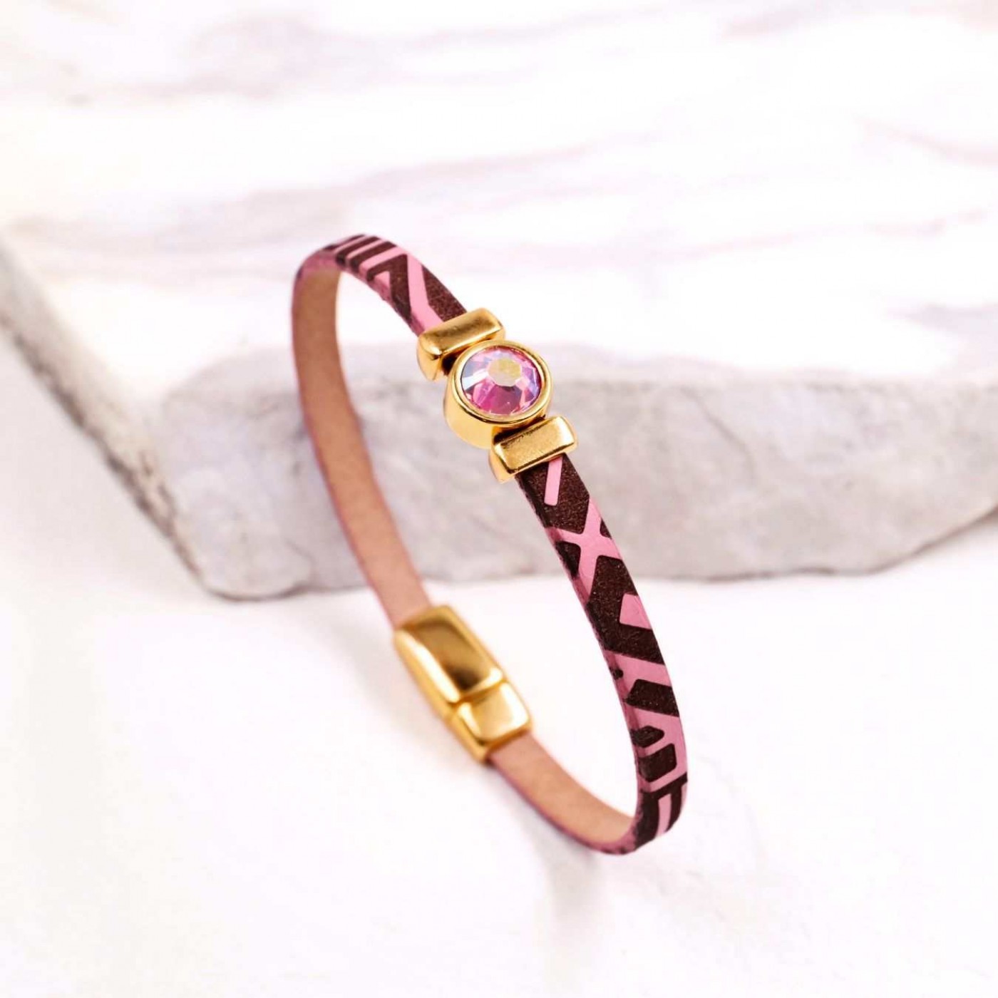 Swarovski Crystal Bracelet | Engraved Leather - Pink
