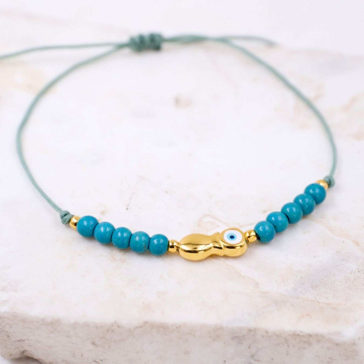Macramé Bracelet with Gold-Plated Evil Eye & Fish | Handmade — Bracelets from Toolittle — additional view 3