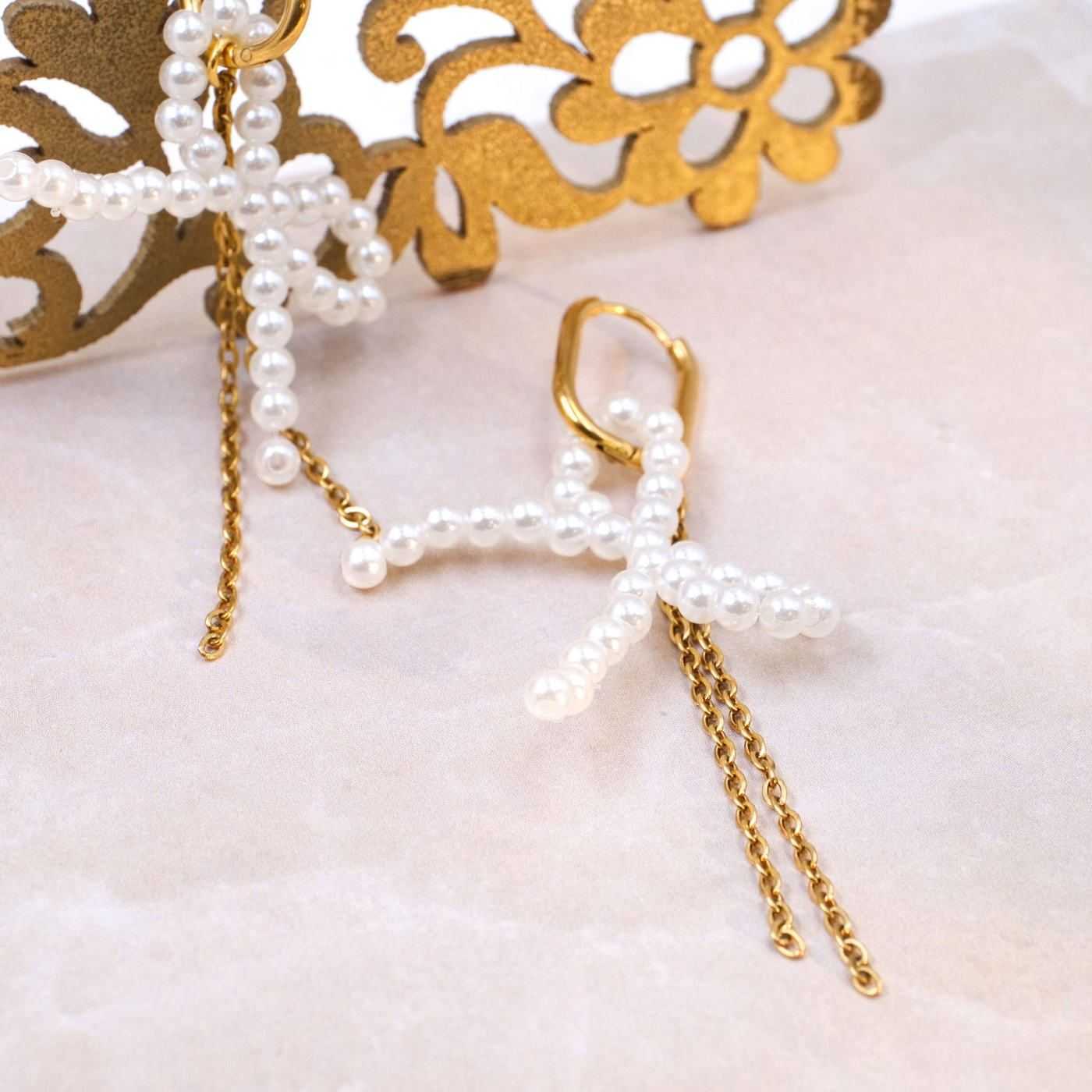 Pearl Bow Inox Chain Earrings — Earrings from Toolittle — additional view 2