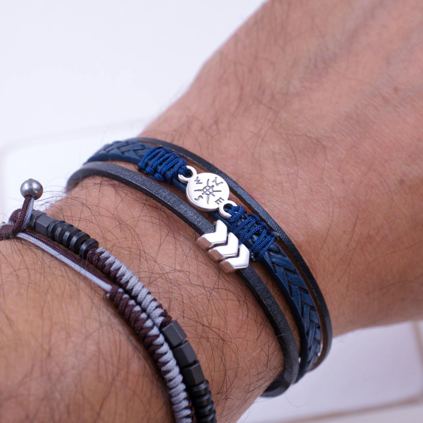 Compass Blue Leather Men's Bracelet — Bracelets from Toolittle — additional view 2