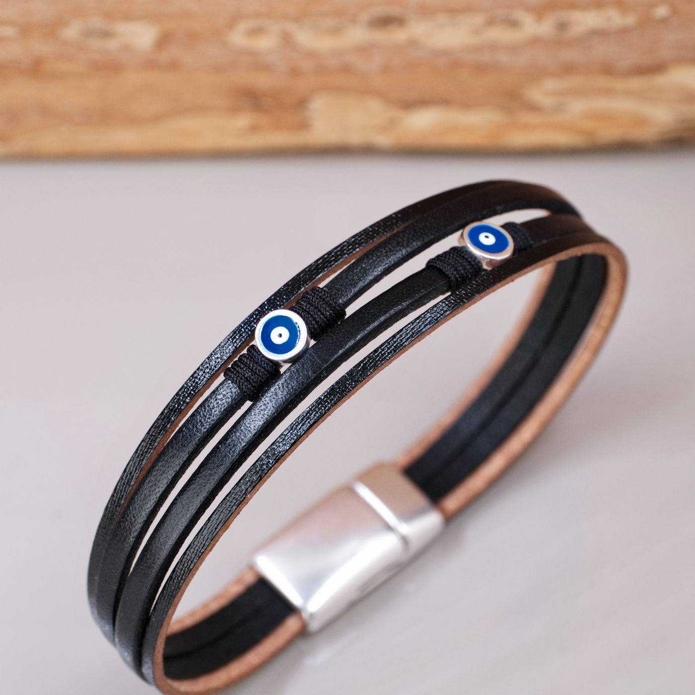 Leather Men's Bracelet with Evil Eyes — Bracelets from Toolittle — additional view 4