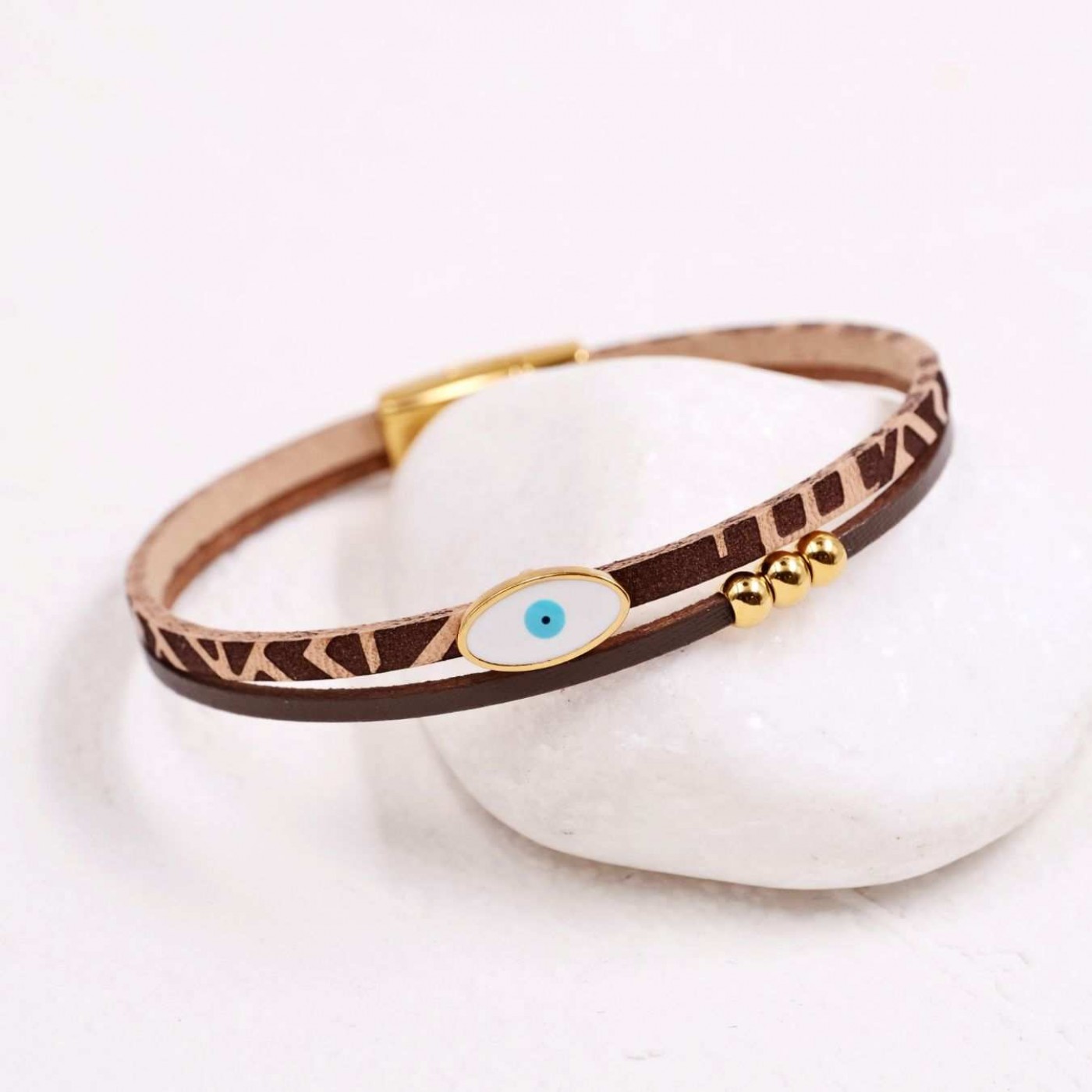 Enamel Evil Eye Bracelet | Leather - Brown