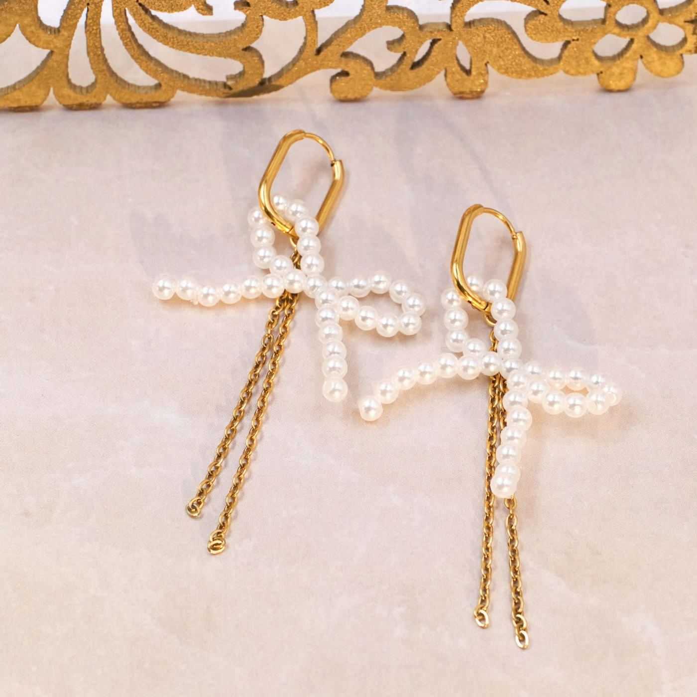 Pearl Bow Inox Chain Earrings — Earrings from Toolittle — additional view 3