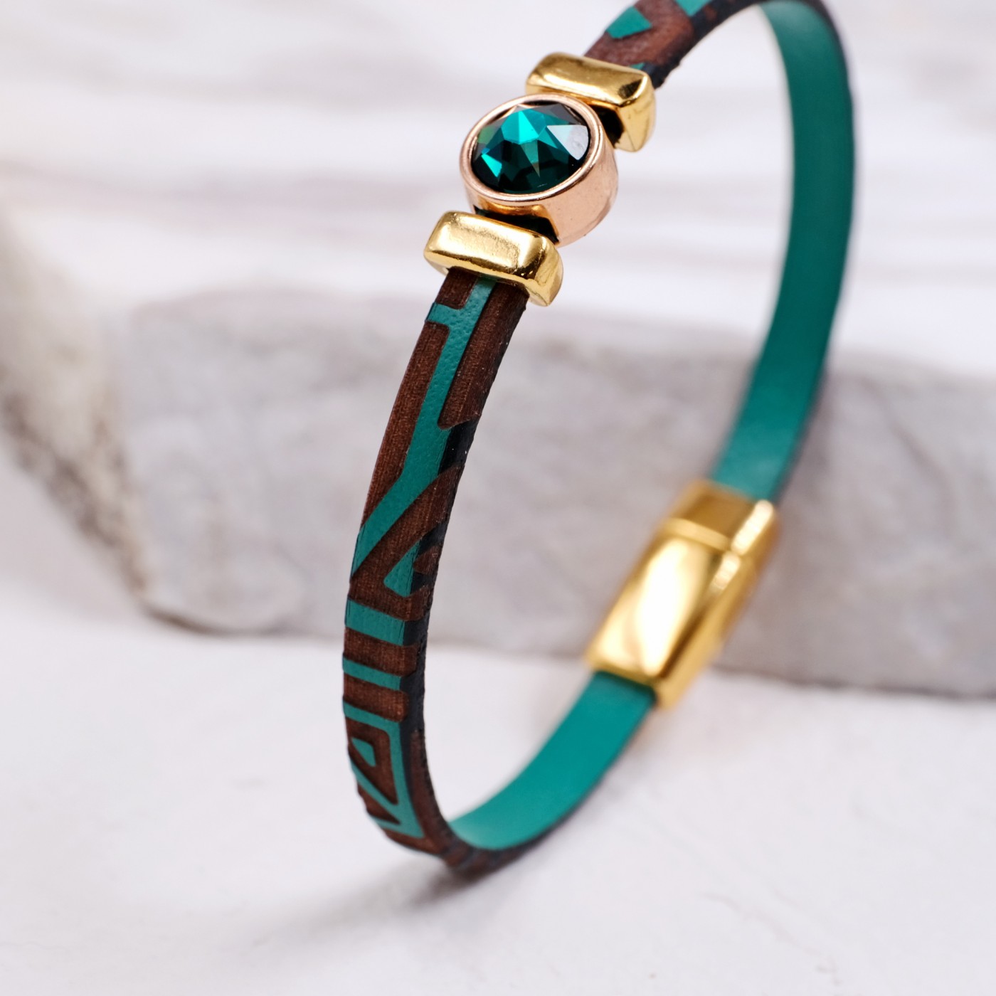 Swarovski Crystal Bracelet | Engraved Leather - Green — Bracelets from Toolittle — additional view 3