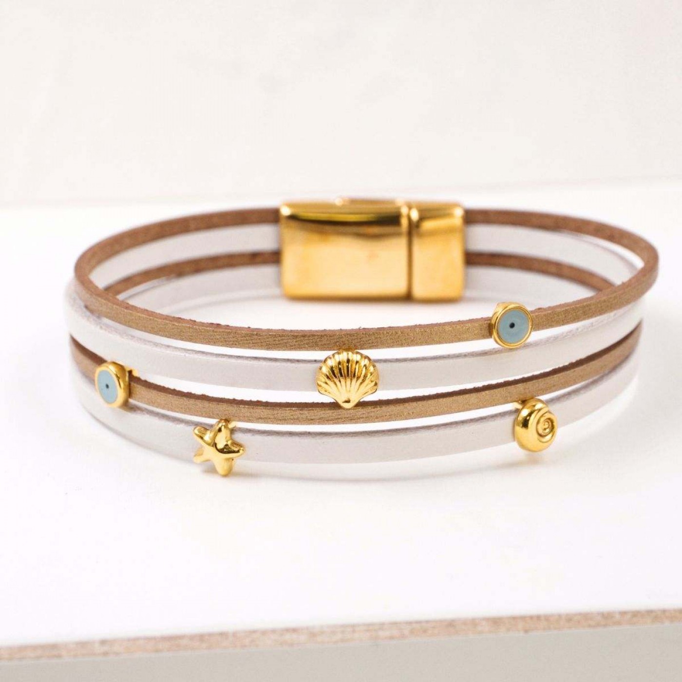 Leather Bracelet with Sea Parts & Evil Eye | White — Bracelets from Toolittle — additional view 2