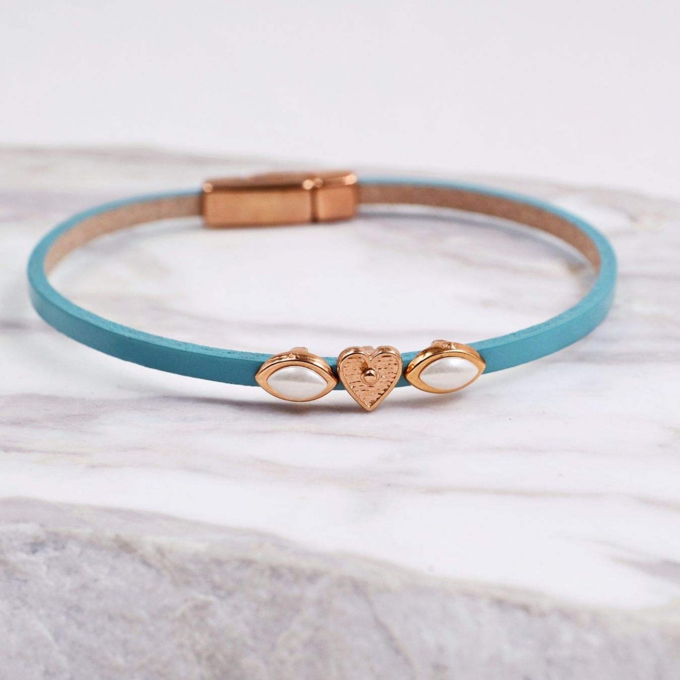 Metal Heart & Pearls Leather Bracelet | Turquoise — Bracelets from Toolittle — additional view 2