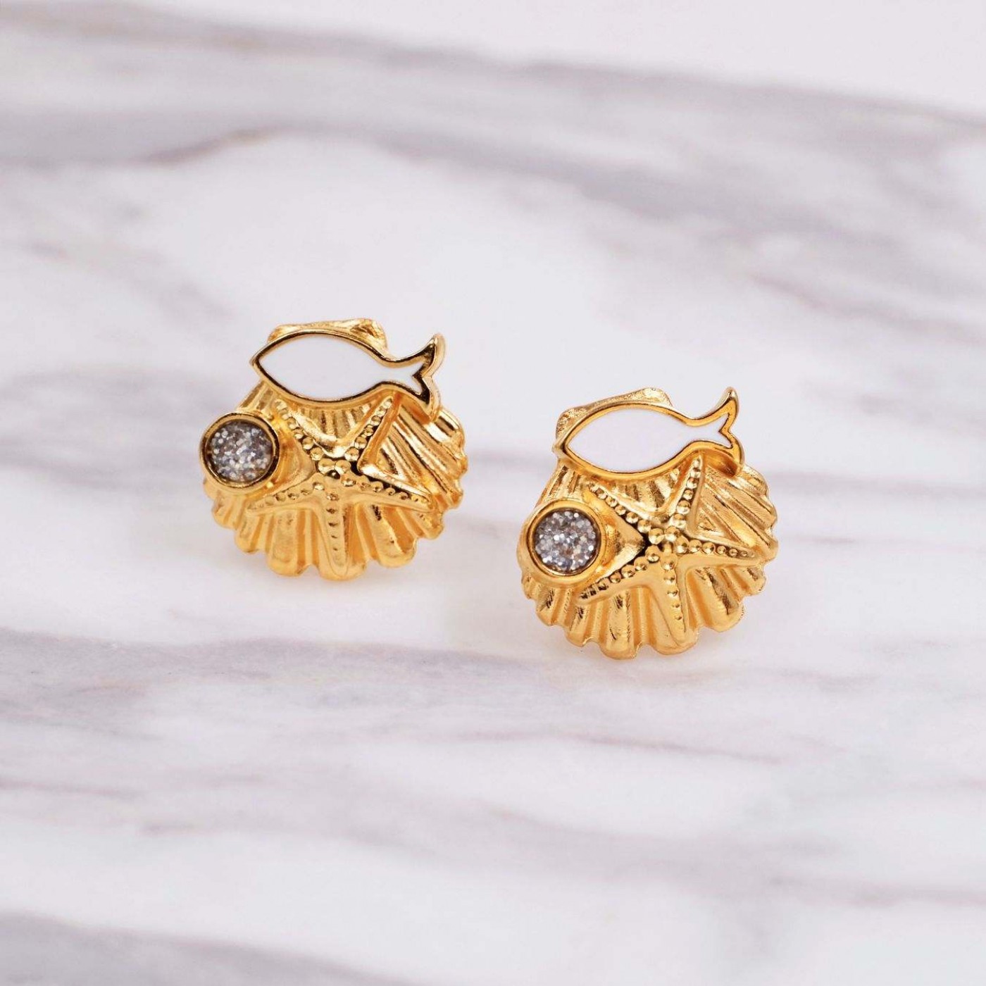 Gold-Plated Stud Starfish Earrings | White Enamel — Earrings from Toolittle — additional view 3