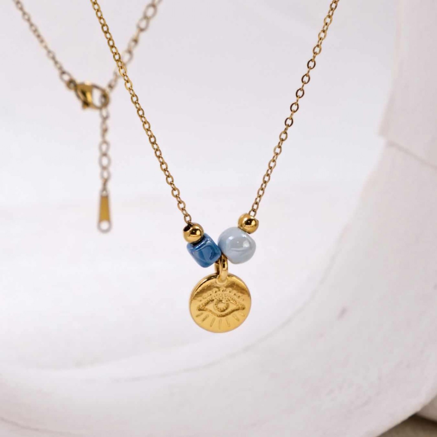 Handmade Gold-plated Necklace: Evil Eye & Ceramic Beads — Necklaces from Toolittle — additional view 2
