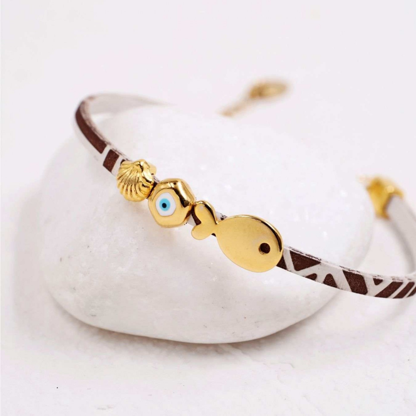 Gold-plated Fish Bracelet | Engraved Leather - Brown — Bracelets from Toolittle — additional view 4