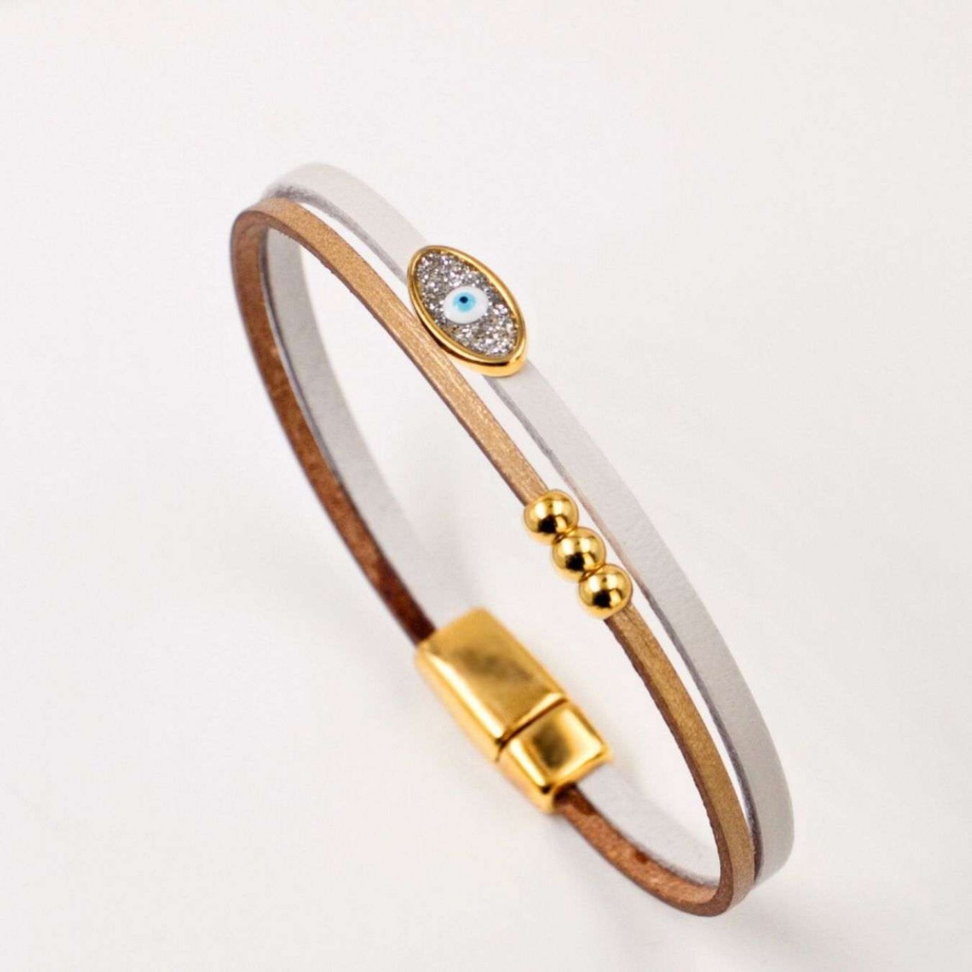 Evil Eye Handcrafted Leather Bracelet with Magnetic Clasp | White — Bracelets from Toolittle — additional view 2