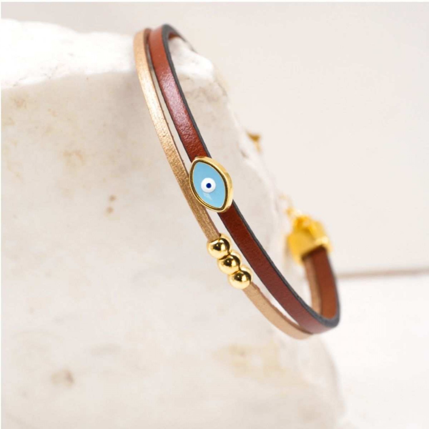 Handcrafted Leather Bracelet with Gold-Plated Enamel Evil Eye