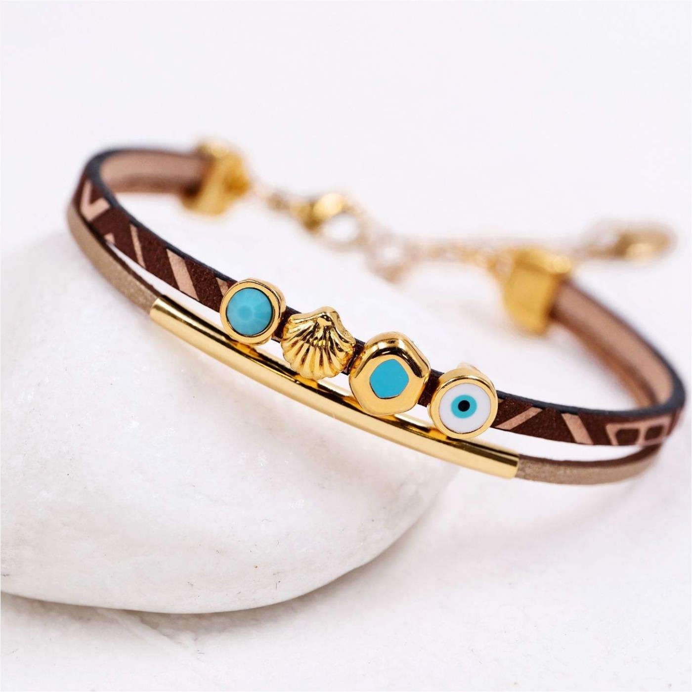Engraved Leather Bracelet | Sea Shell & Enamelled Evil Eye — Bracelets from Toolittle — additional view 3