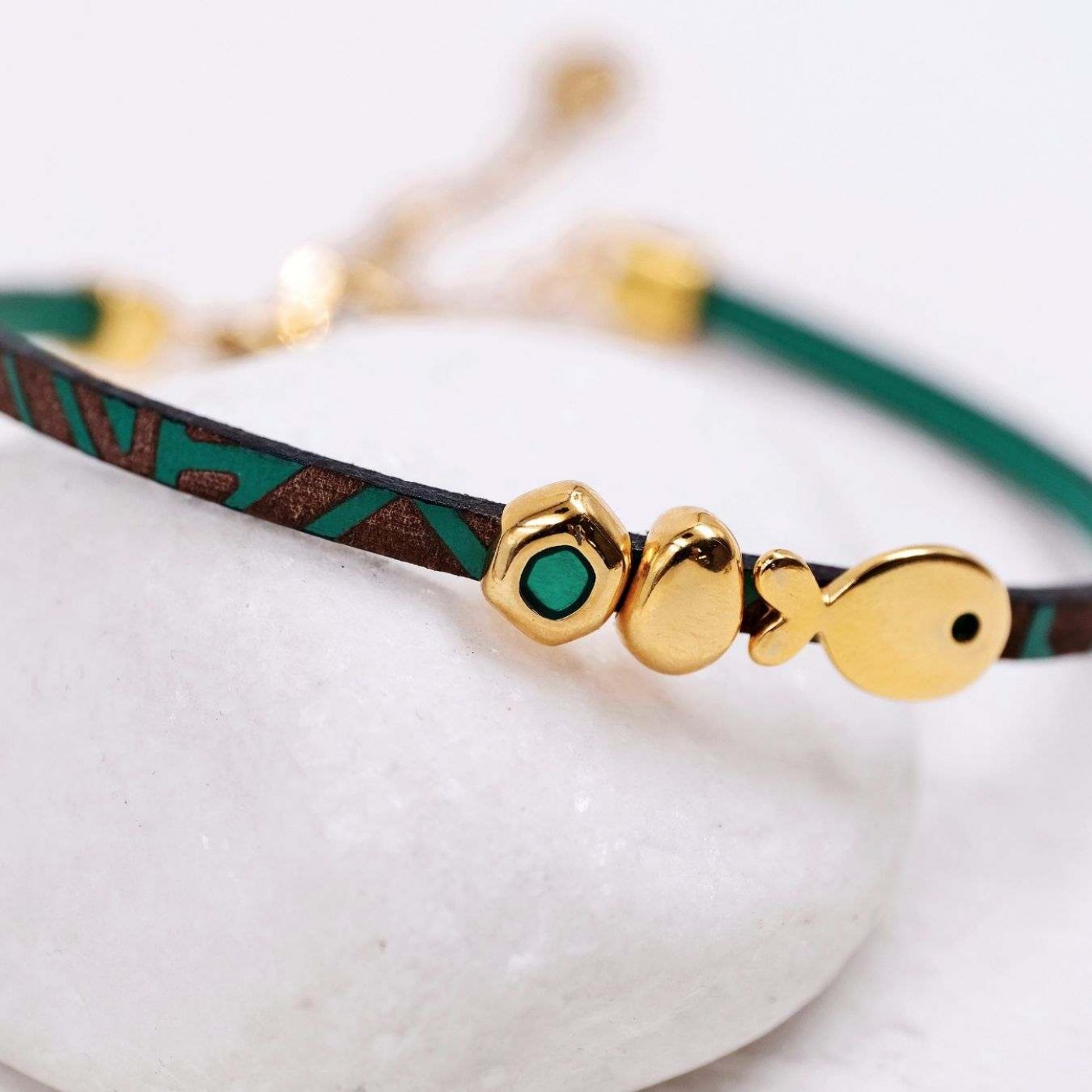 Gold-plated Fish Bracelet | Engraved Leather - Green — Bracelets from Toolittle — additional view 2
