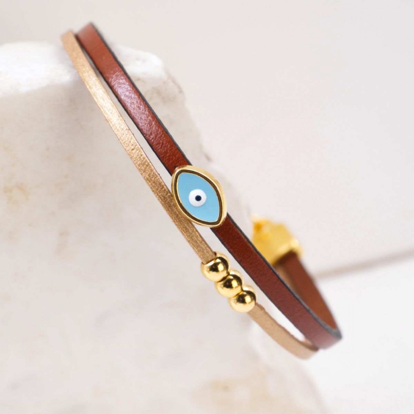 Handcrafted Leather Bracelet with Gold-Plated Enamel Evil Eye — Bracelets from Toolittle — additional view 3