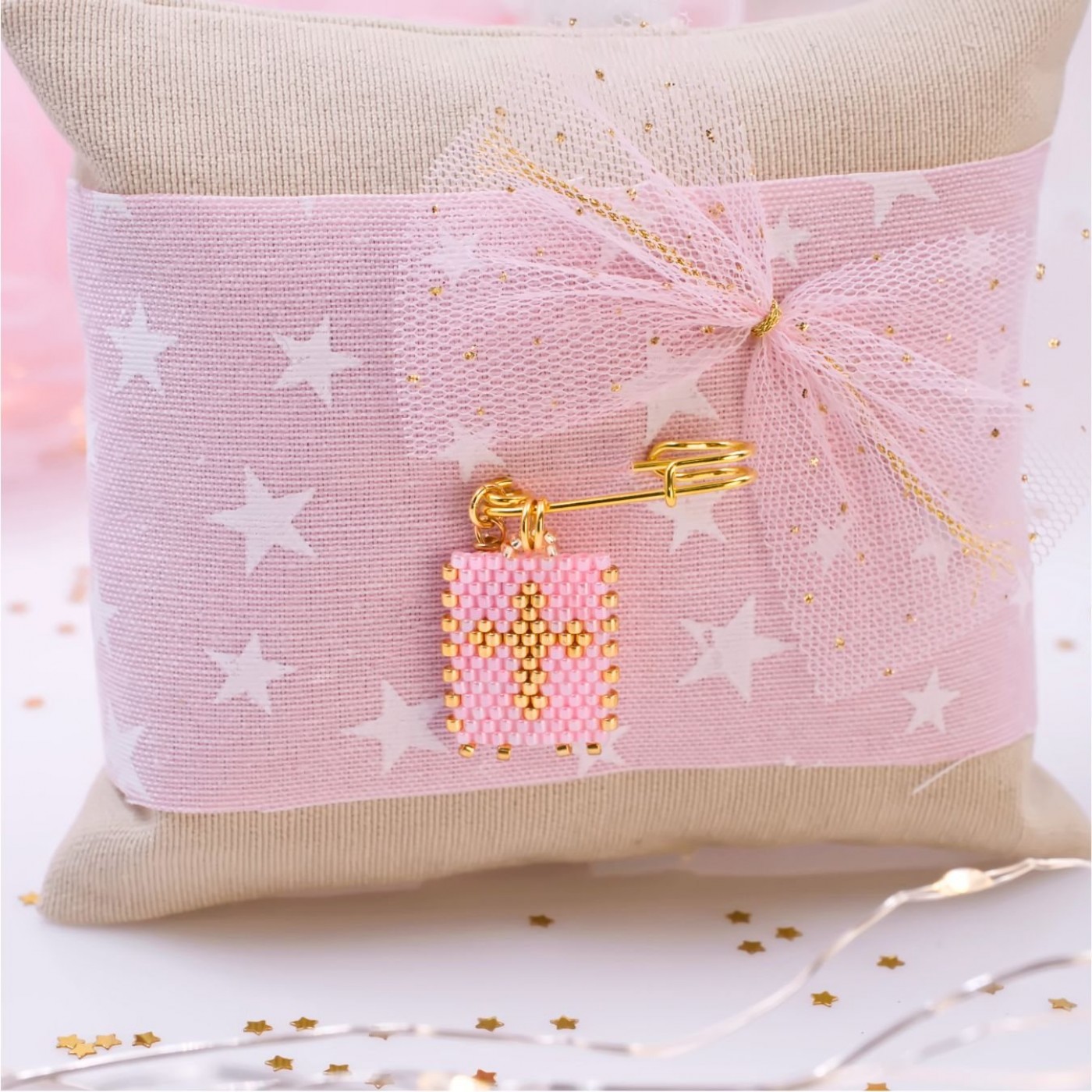 Handmade Newborn Blessing Pillow – Girl: Miyuki Beaded Cross — Pendants & charms from Toolittle — additional view 4