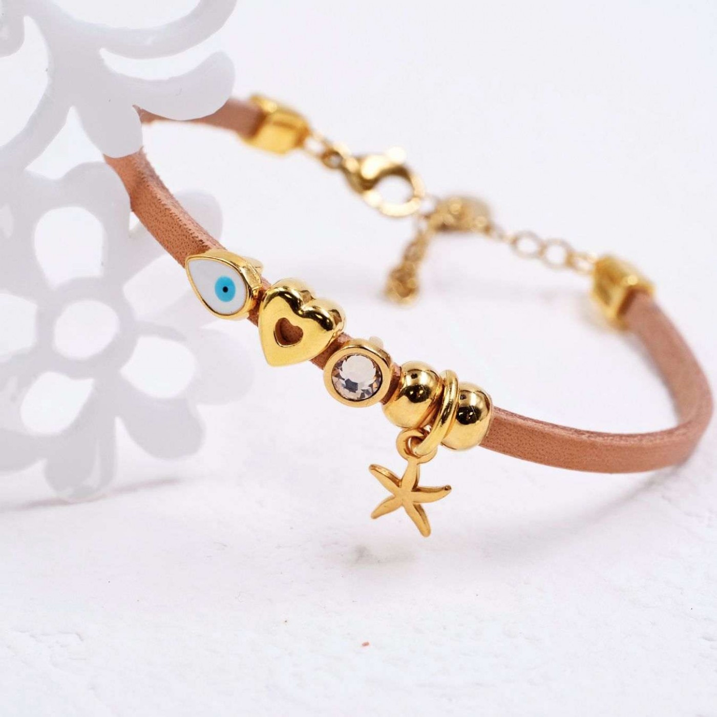 Leather Bracelet | Evil Eye Drop & Starfish - Beige — Bracelets from Toolittle — additional view 2