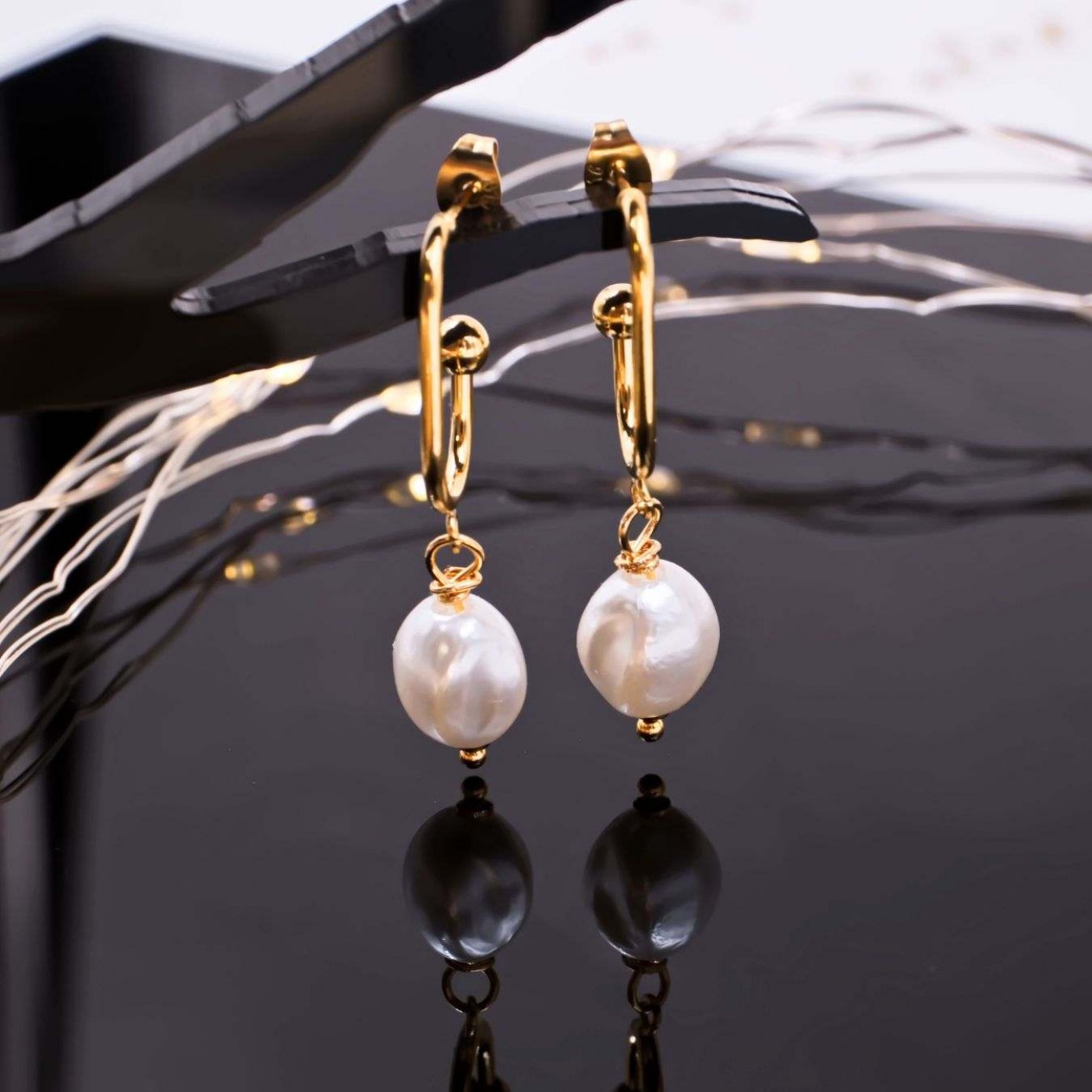 Steel Dangle Earrings - Fresh Water Pearls — Earrings from Toolittle — additional view 4