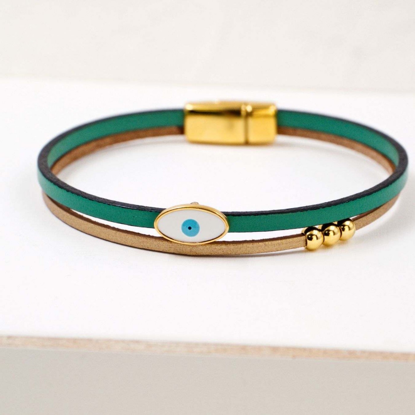 Evil Eye Handcrafted Leather Bracelet with Magnetic Clasp | Green — Bracelets from Toolittle — additional view 2
