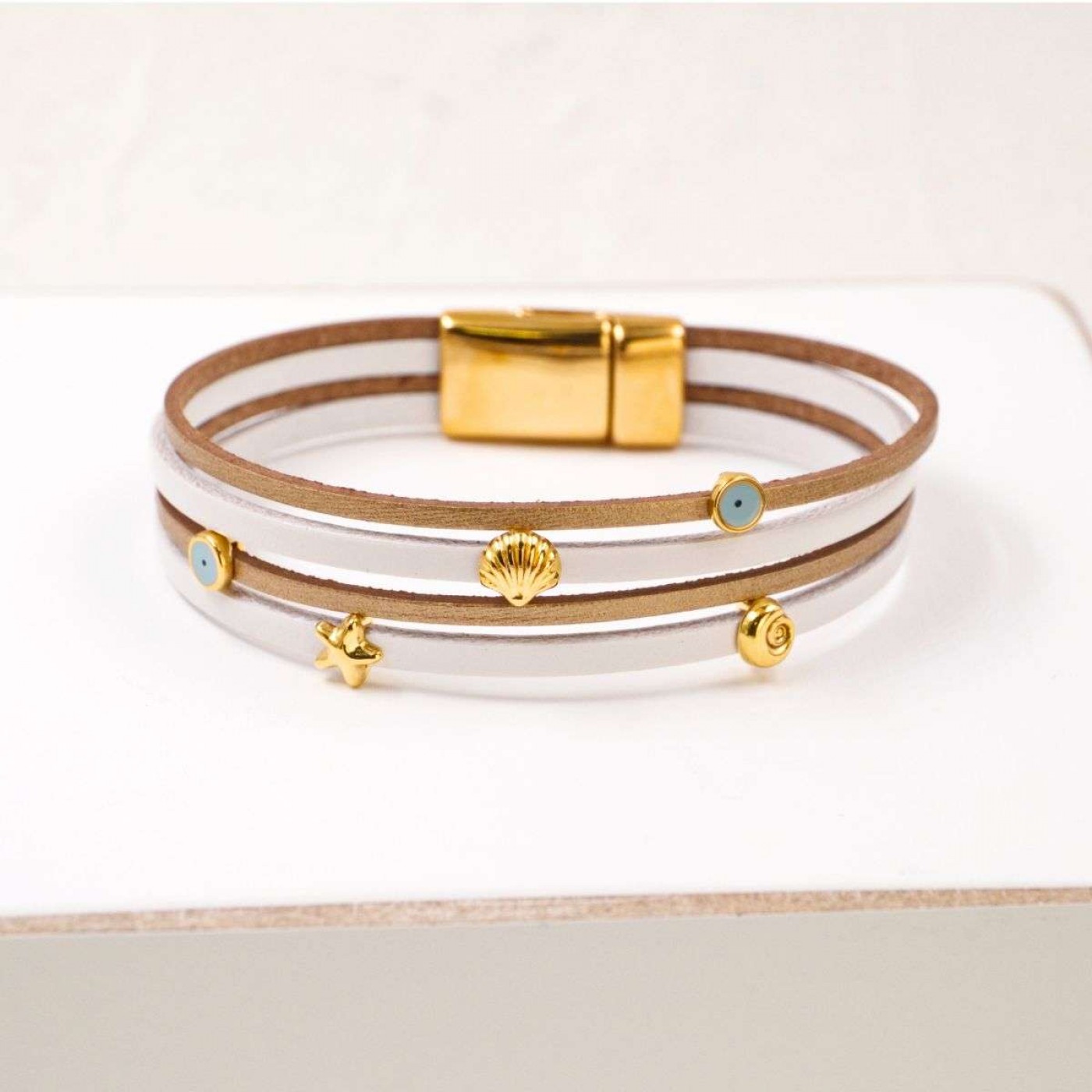 Leather Bracelet with Sea Parts & Evil Eye | White — Bracelets from Toolittle — additional view 4