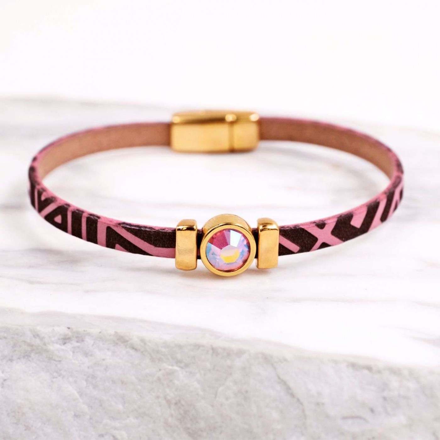 Swarovski Crystal Bracelet | Engraved Leather - Pink — Bracelets from Toolittle — additional view 2