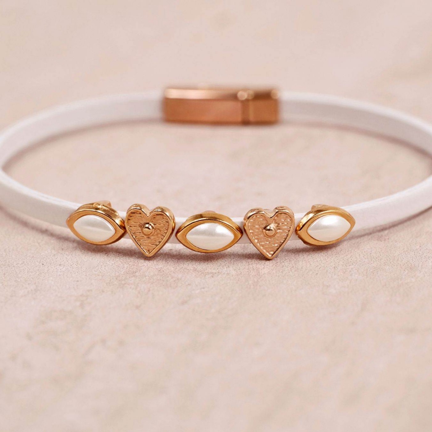 Metal Heart & Pearls Leather Bracelet | White — Bracelets from Toolittle — additional view 2