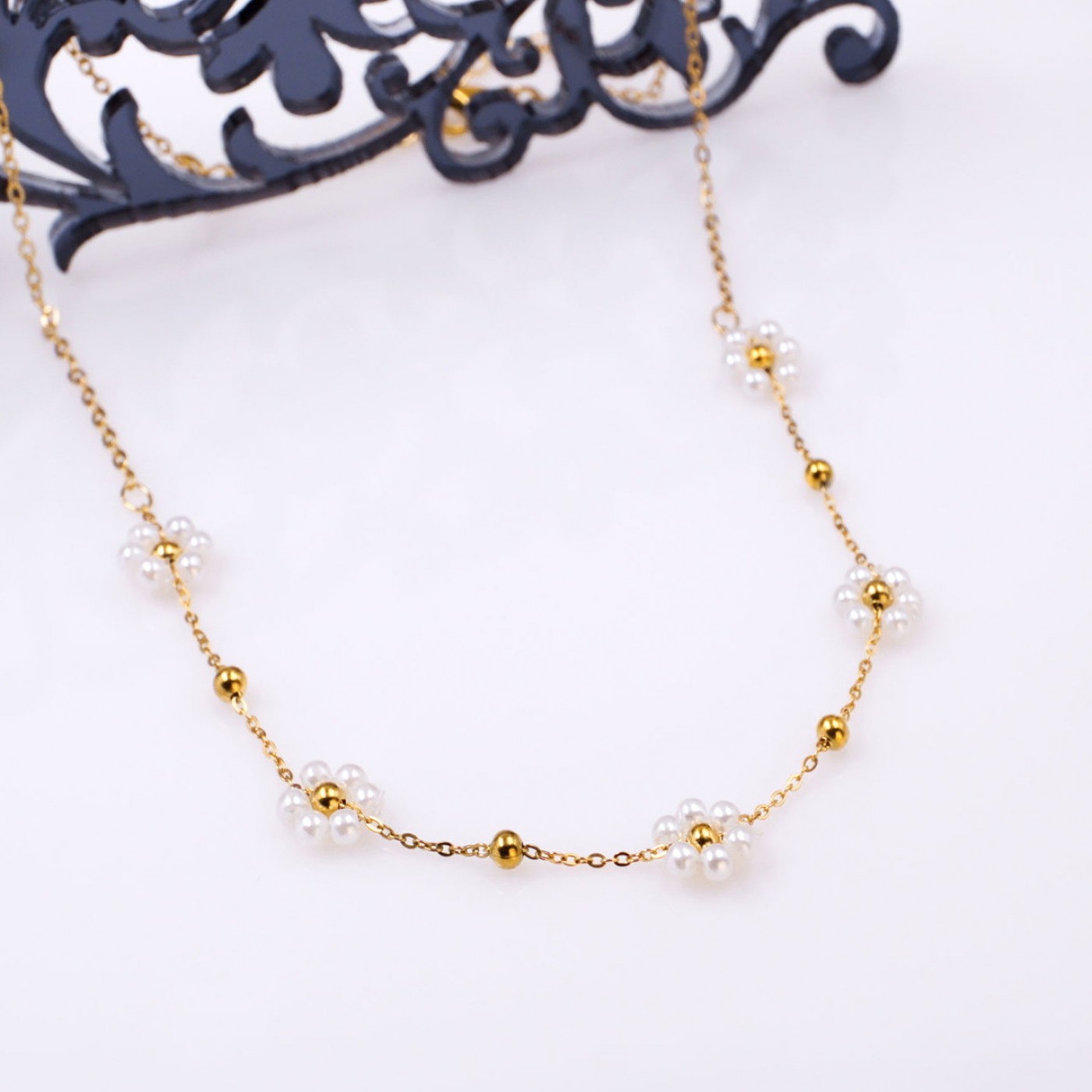 Steel Gold-plated Necklace- Pearl Flower — Necklaces from Toolittle — additional view 2