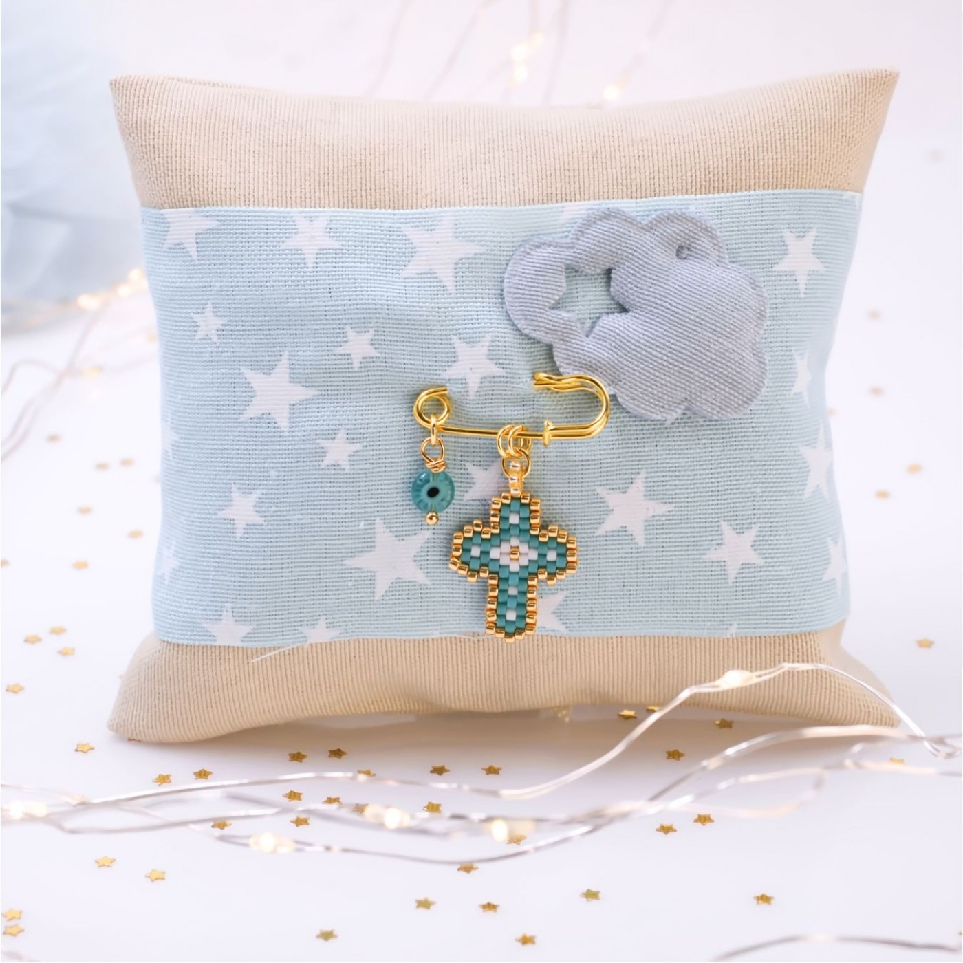 Handmade Newborn Blessing Pillow – Boy: Miyuki Beaded Cross