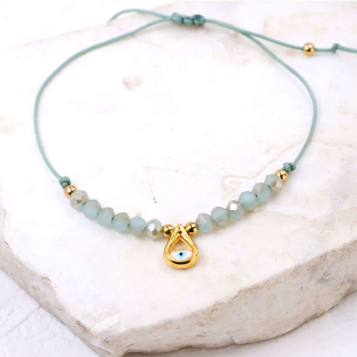 Macramé Bracelet with Gold-Plated Evil Eye & Crystals | Mint — Bracelets from Toolittle — additional view 3