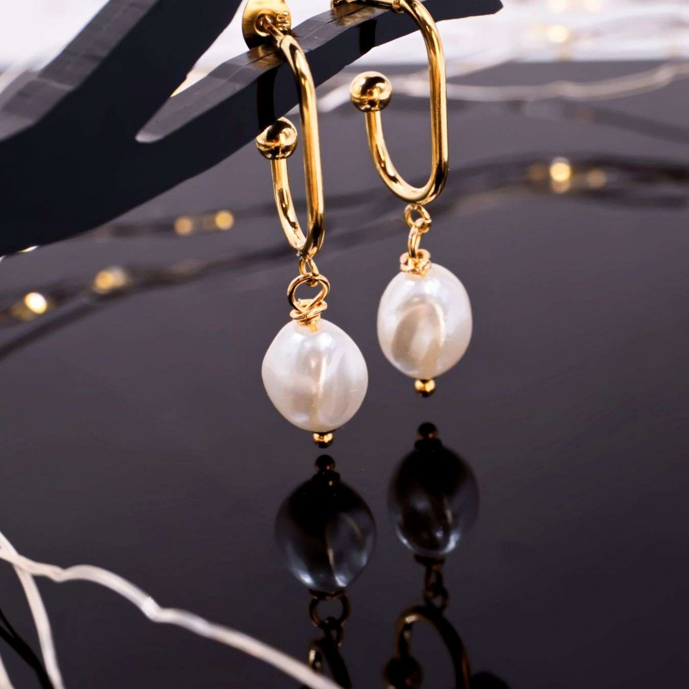 Steel Dangle Earrings - Fresh Water Pearls — Earrings from Toolittle — additional view 3