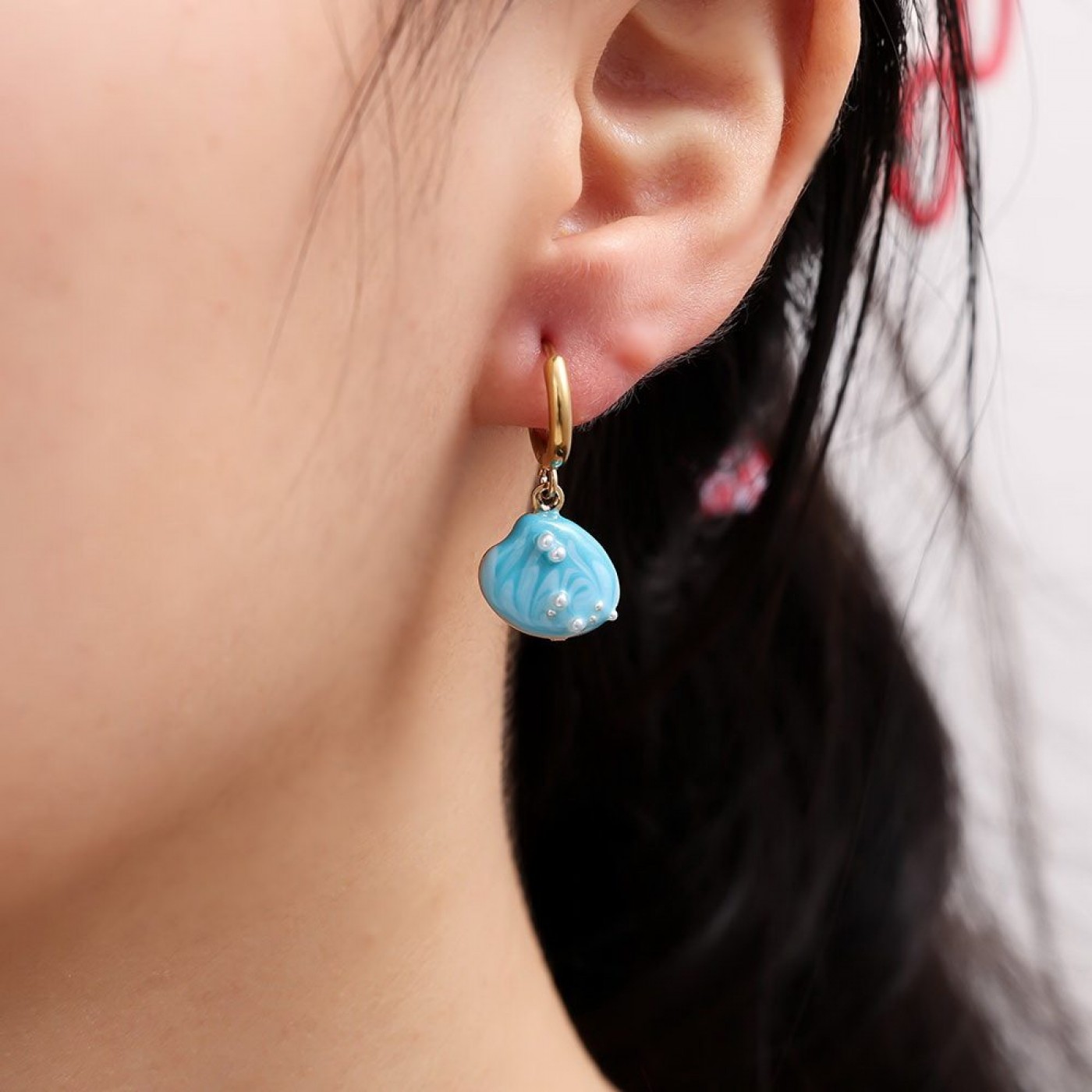 Stainless Steel | Hoop Earrings with Enamelled Sea Shell — Earrings from Toolittle — additional view 2