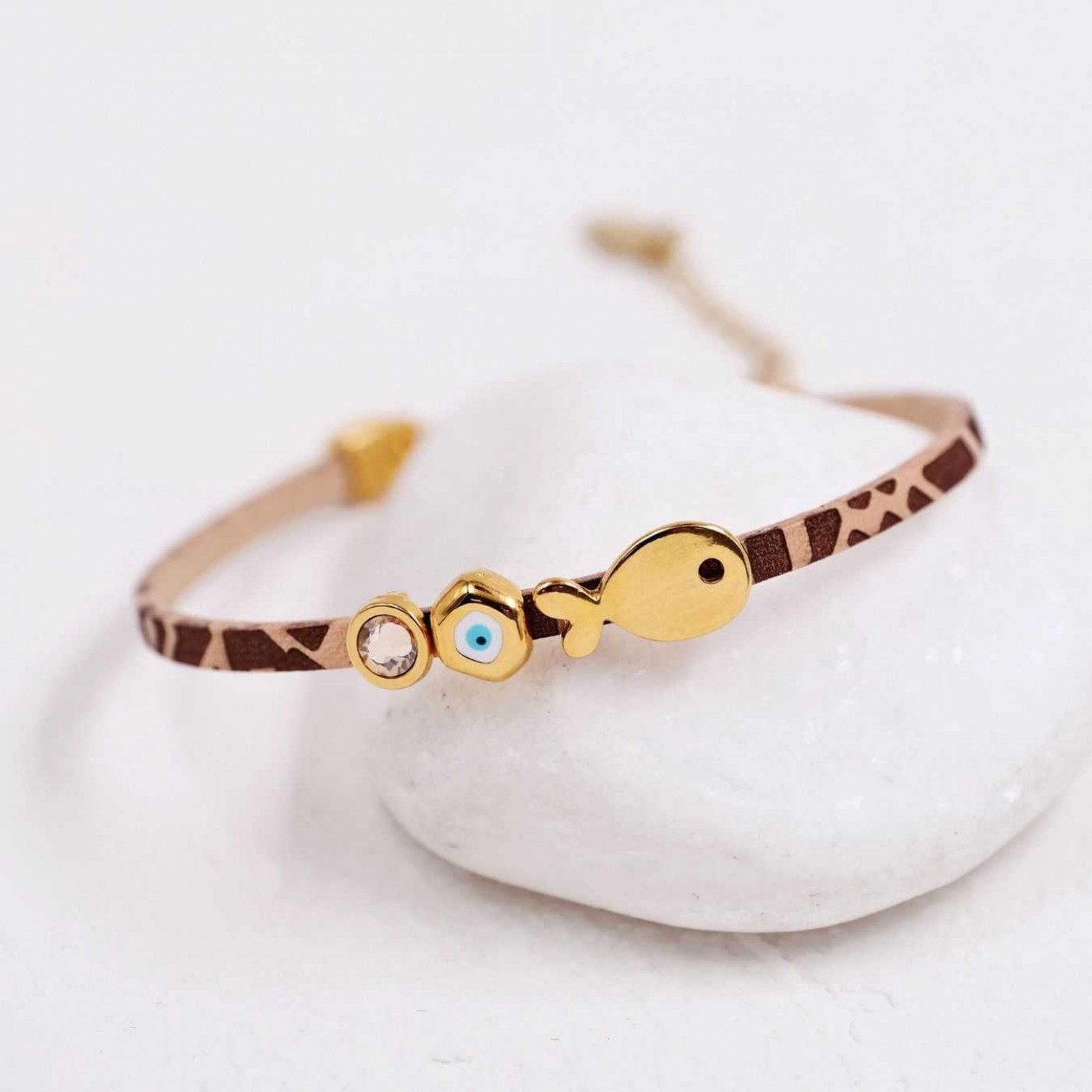Gold-plated Fish Bracelet | Engraved Leather - Brown — Bracelets from Toolittle — additional view 3