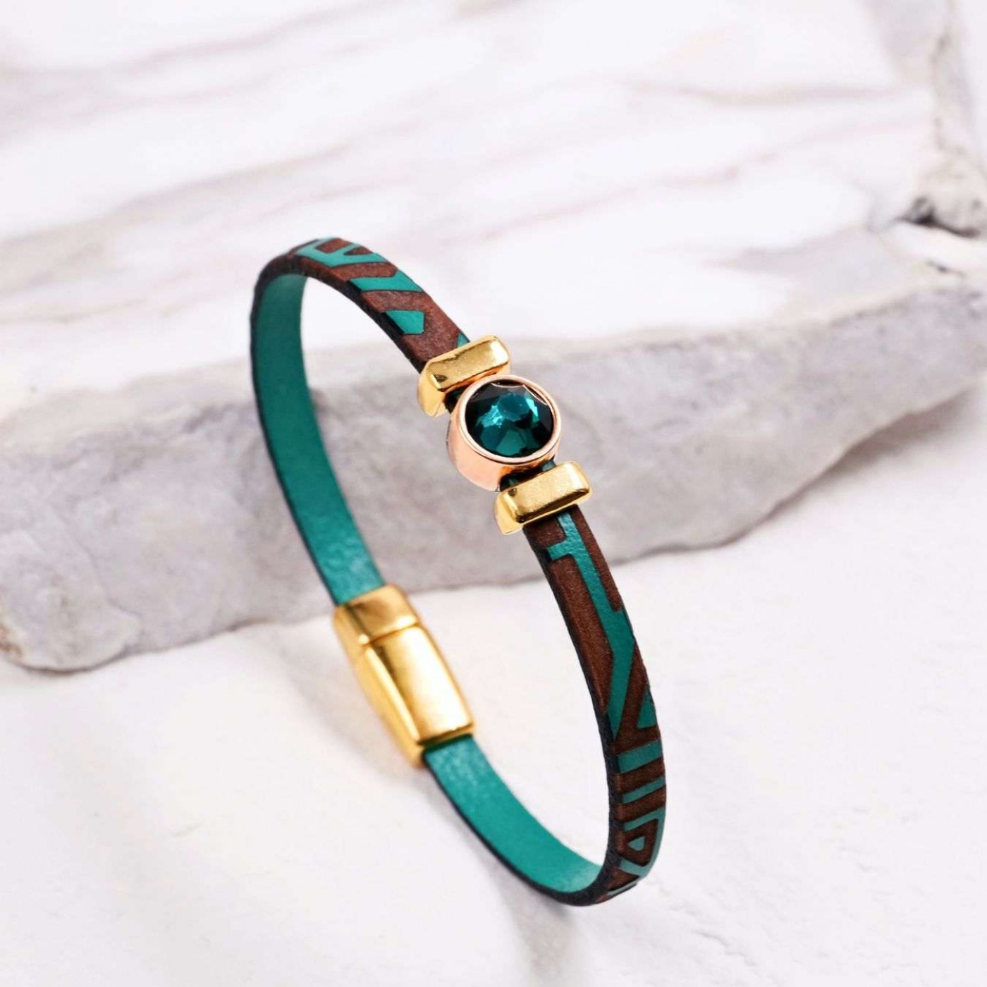 Swarovski Crystal Bracelet | Engraved Leather - Green — Bracelets from Toolittle — additional view 6