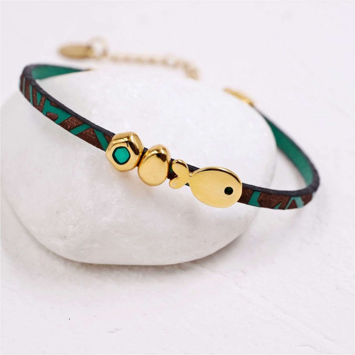 Gold-plated Fish Bracelet | Engraved Leather - Green — Bracelets from Toolittle — additional view 4