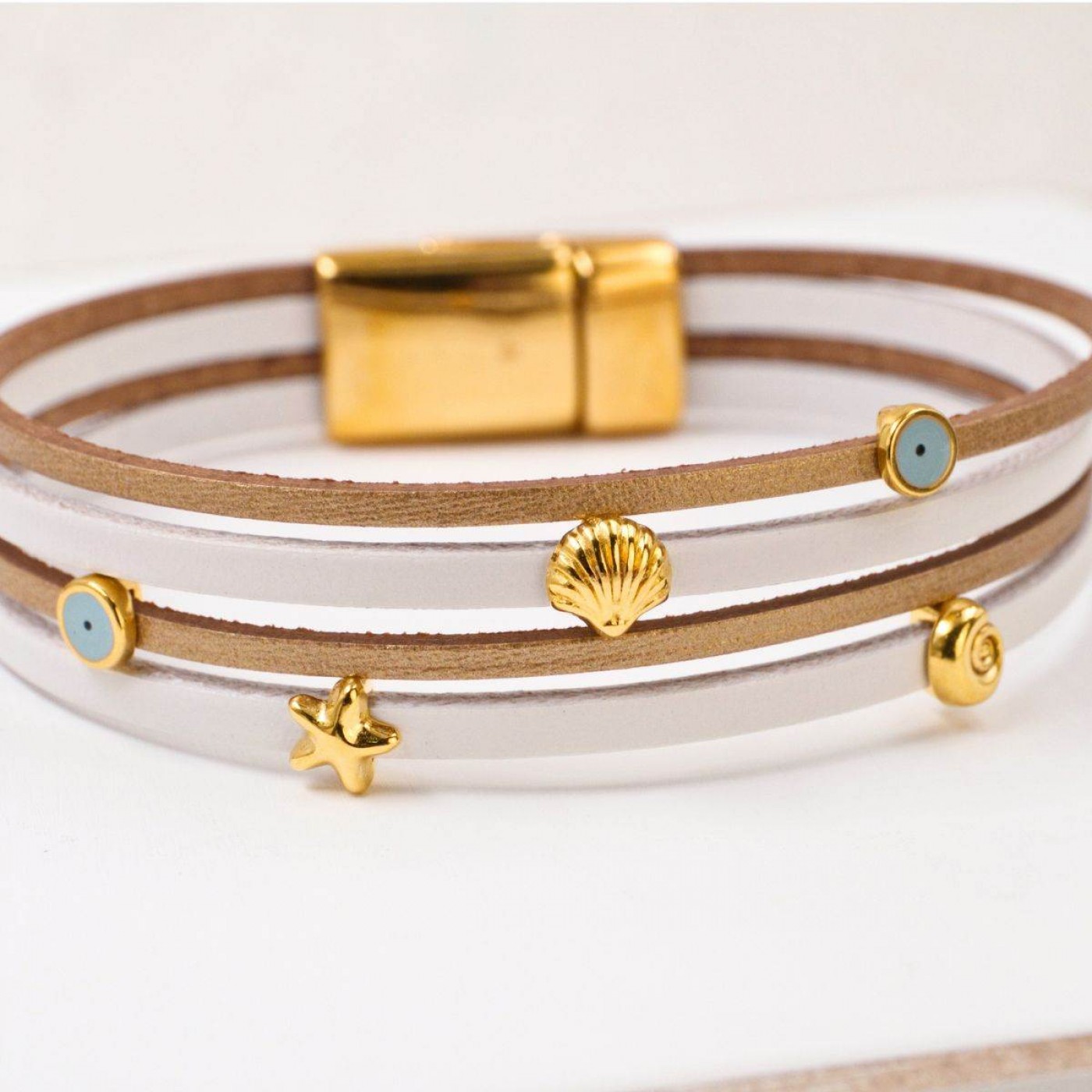 Leather Bracelet with Sea Parts & Evil Eye | White — Bracelets from Toolittle — additional view 3