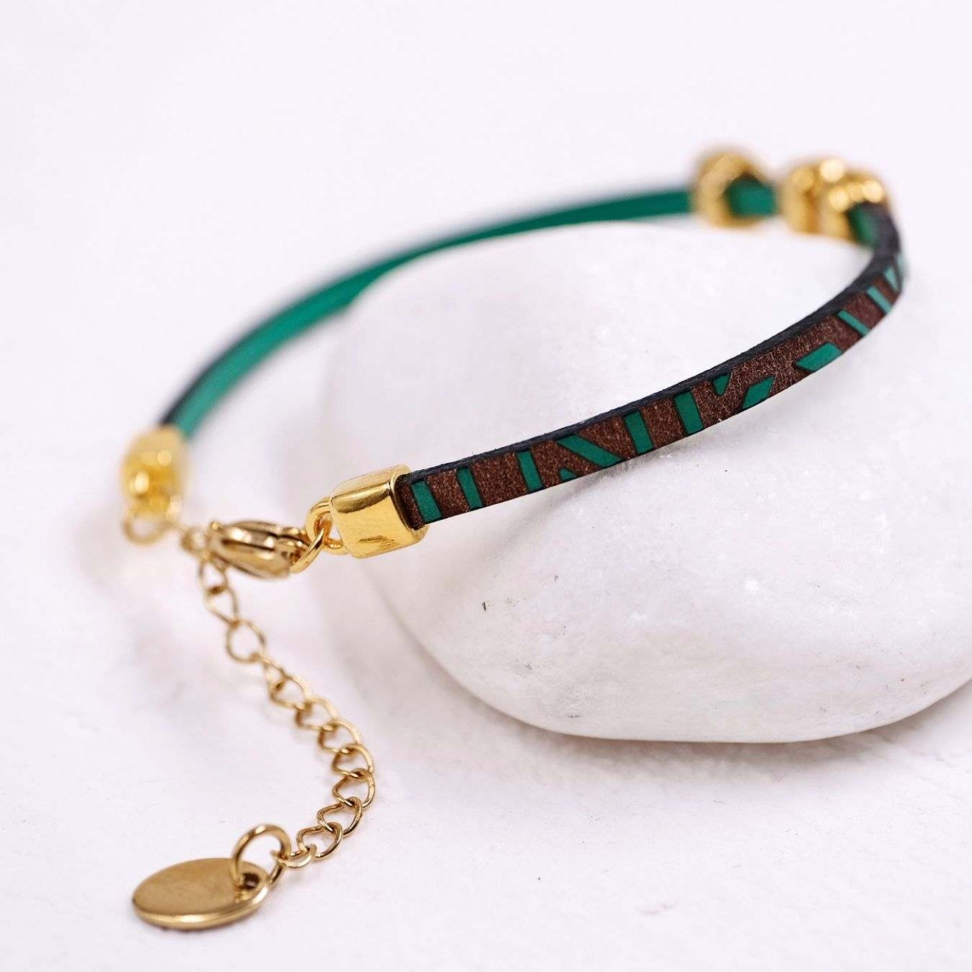 Gold-plated Fish Bracelet | Engraved Leather - Green — Bracelets from Toolittle — additional view 3