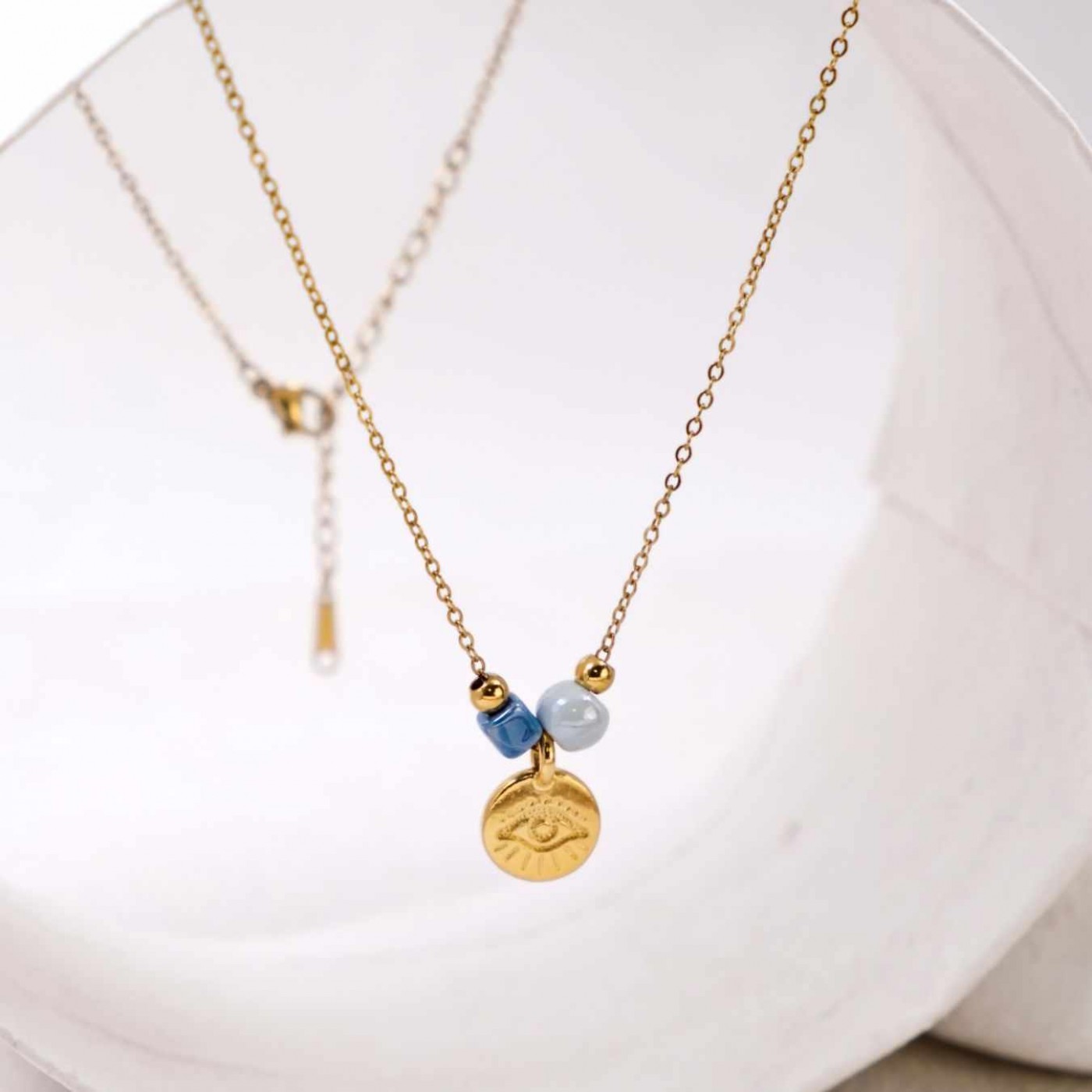Handmade Gold-plated Necklace: Evil Eye & Ceramic Beads — Necklaces from Toolittle — additional view 4