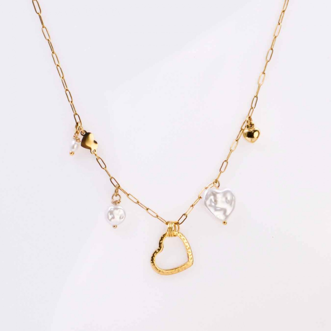 Steel Charms Necklace - Metal Heart & Mother of Pearl — Necklaces from Toolittle — additional view 2