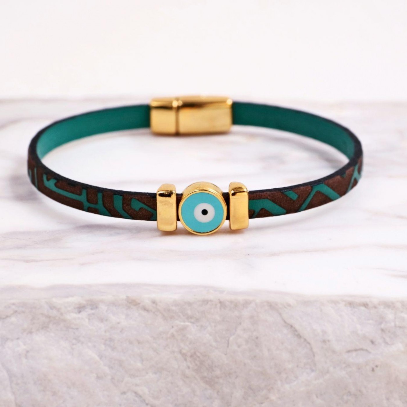 Women's Evil Eye Bracelet | Engraved Leather - Green — Bracelets from Toolittle — additional view 2