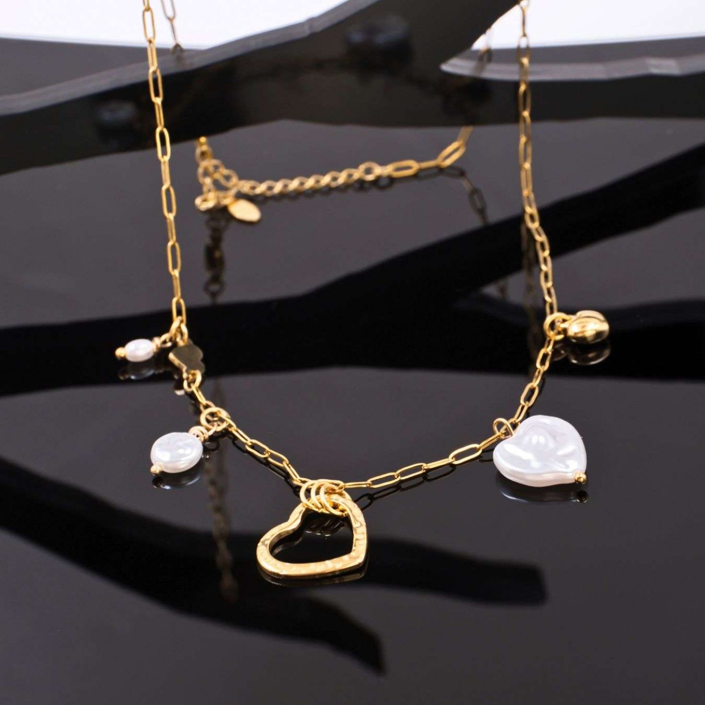 Steel Charms Necklace - Metal Heart & Mother of Pearl — Necklaces from Toolittle — additional view 3