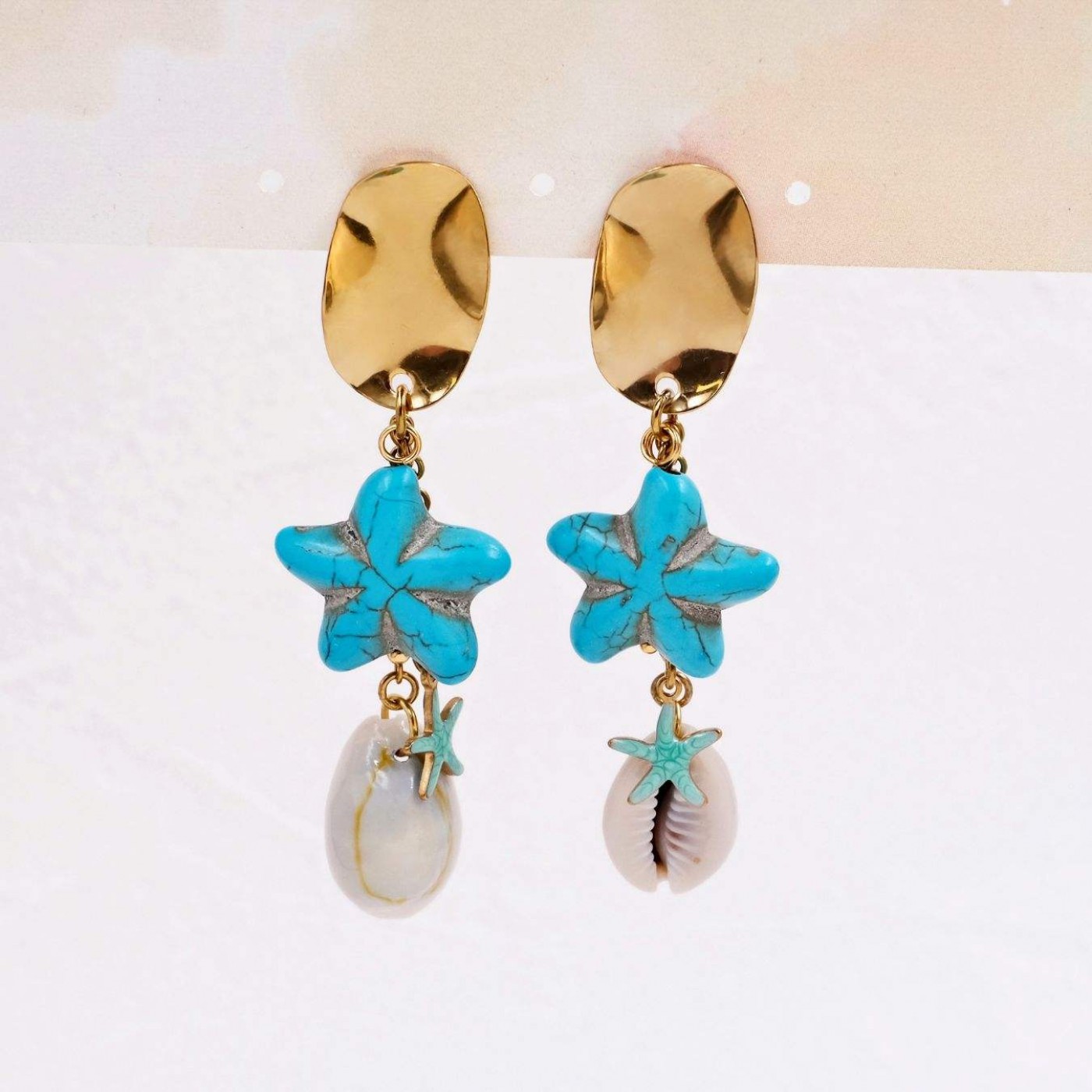 Stainless Steel Golden Earrings | Starfish & Cowrie Shells — Earrings from Toolittle — additional view 2
